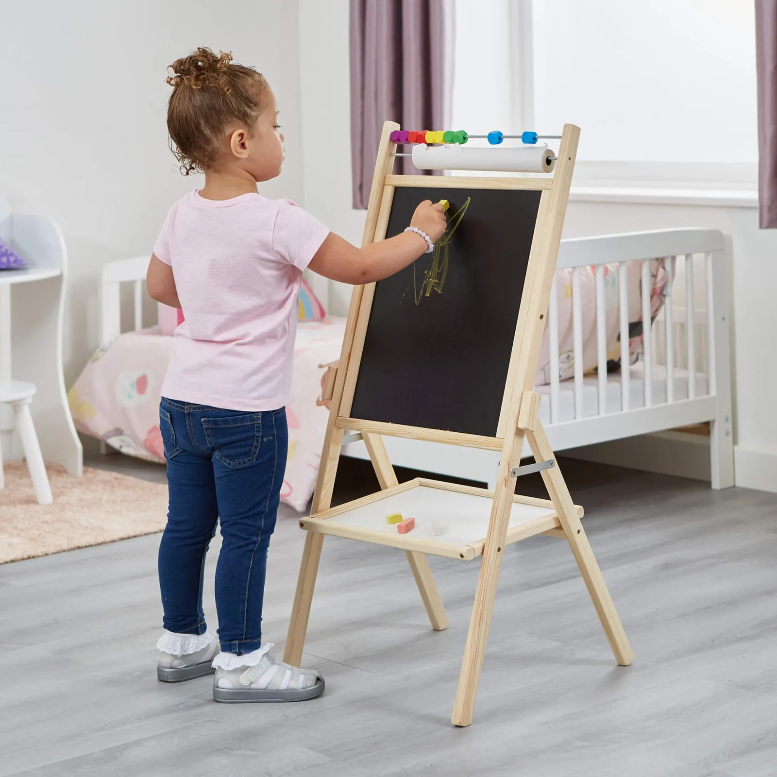 Little Helper Kids Arts & Crafts & Accessories | Easels & Accessories | Childrens Wooden 4-in-1 Double Sided Easel | Paper Roll | Counting Beads | 35pc Accessories | 3 Years+