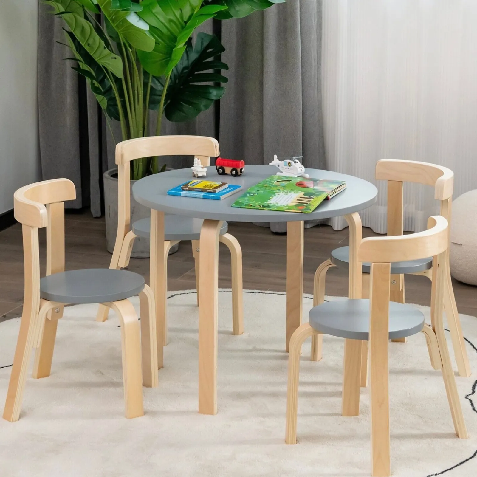 Little Helper Table & Chairs (wooden) | Children’s Wooden Table and 4 Chair Set | Curved Design | Birch & Grey