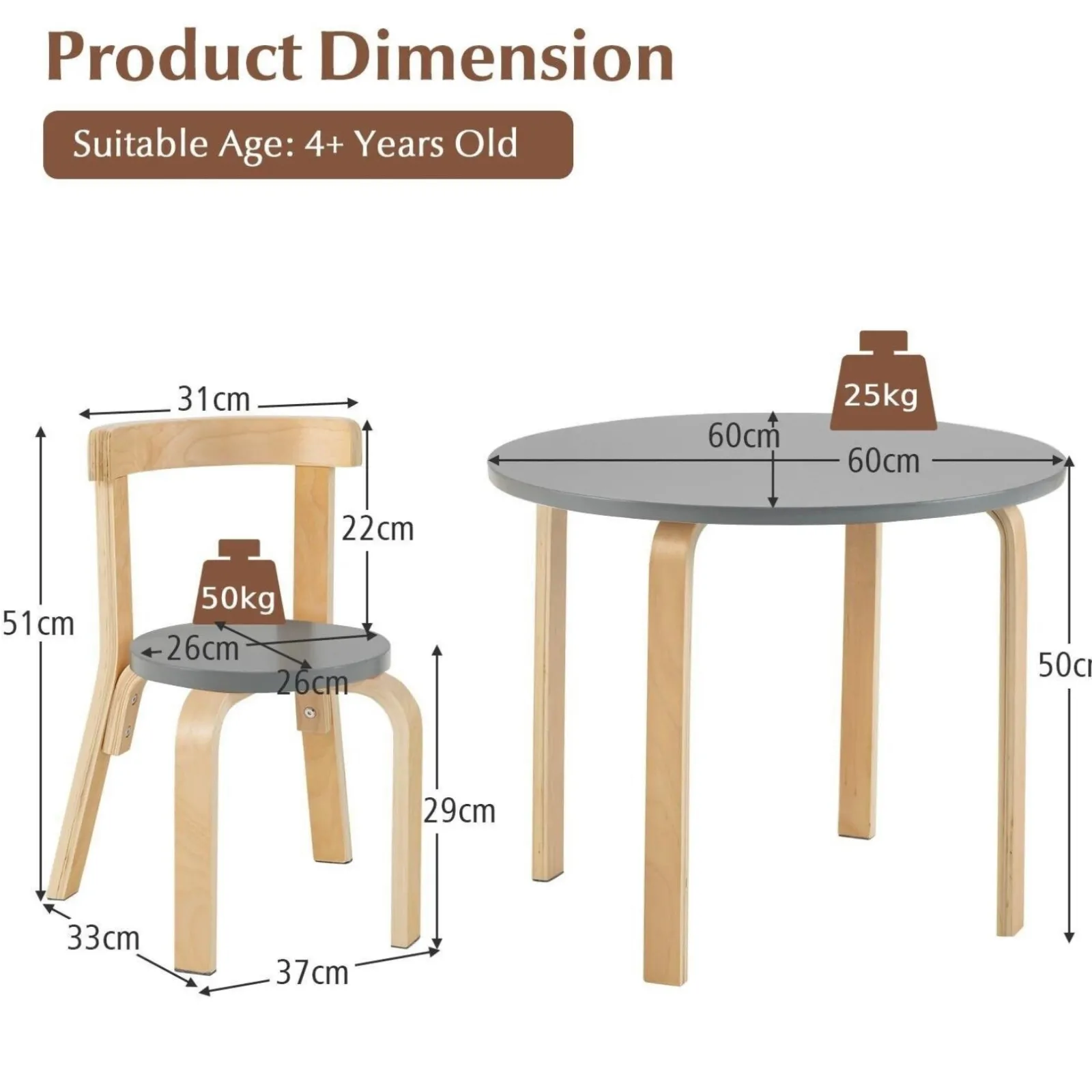 Little Helper Table & Chairs (wooden) | Children’s Wooden Table and 4 Chair Set | Curved Design | Birch & Grey