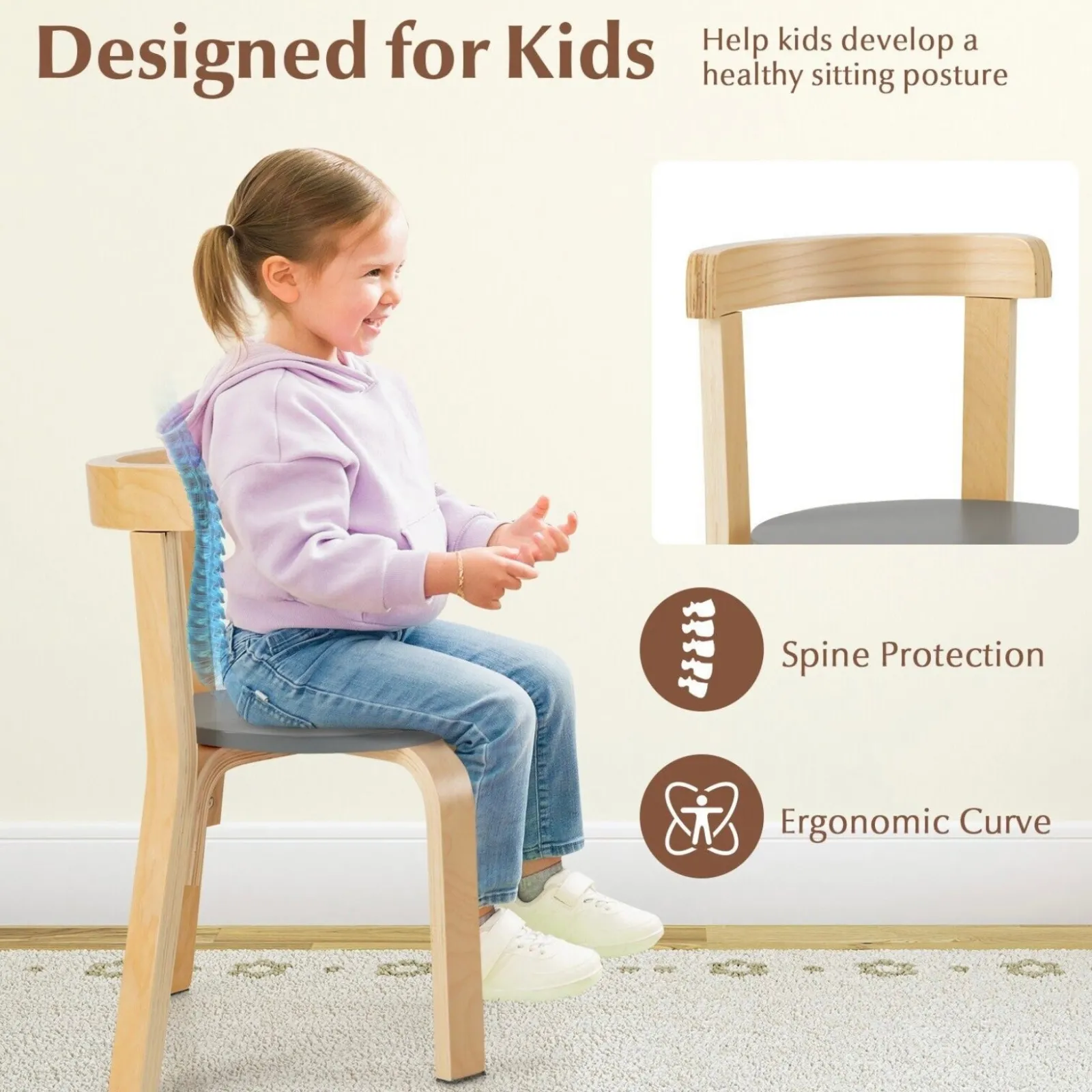 Little Helper Table & Chairs (wooden) | Children’s Wooden Table and 4 Chair Set | Curved Design | Birch & Grey