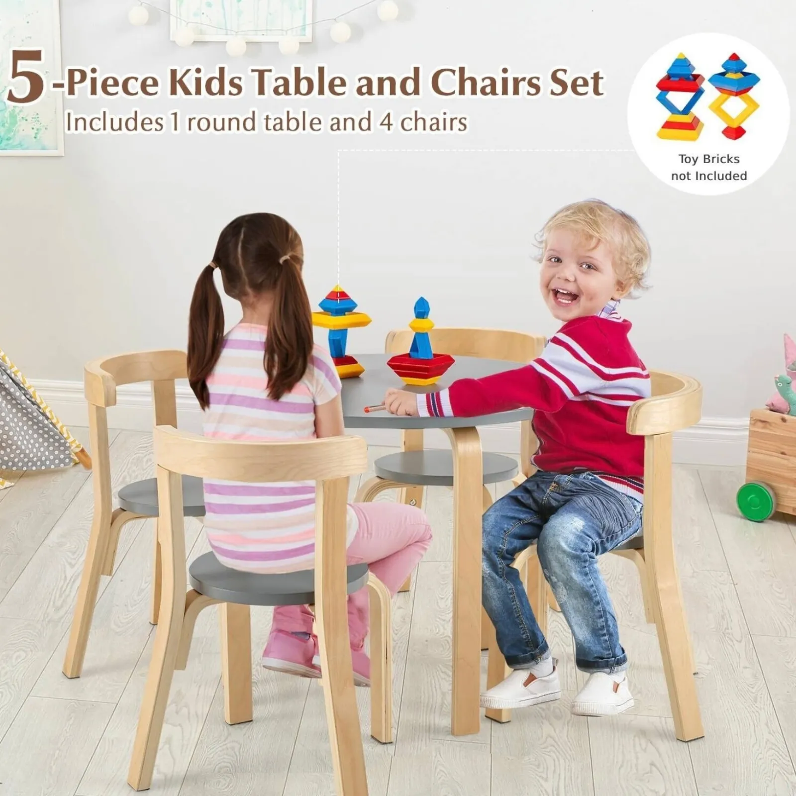 Little Helper Table & Chairs (wooden) | Children’s Wooden Table and 4 Chair Set | Curved Design | Birch & Grey