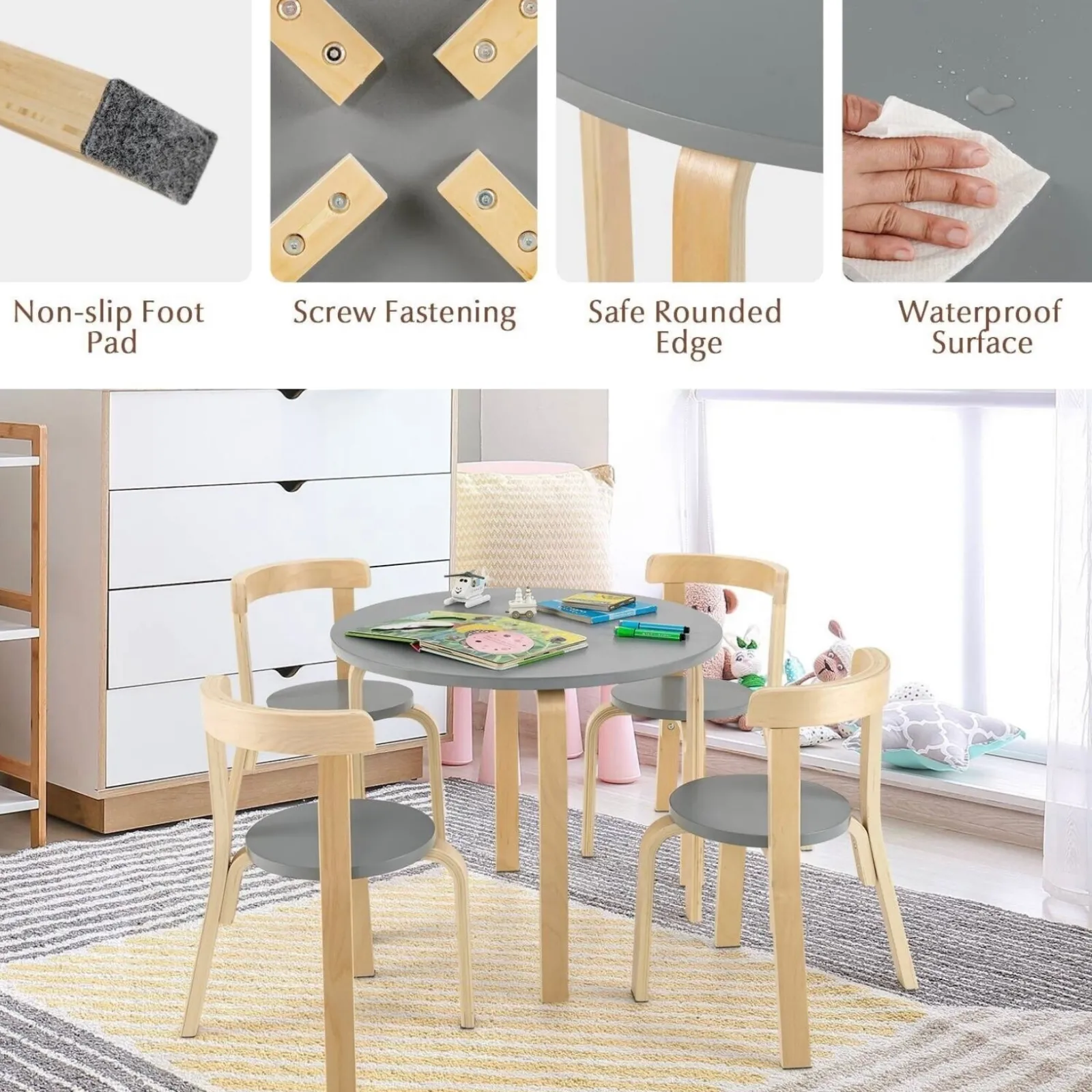 Little Helper Table & Chairs (wooden) | Children’s Wooden Table and 4 Chair Set | Curved Design | Birch & Grey