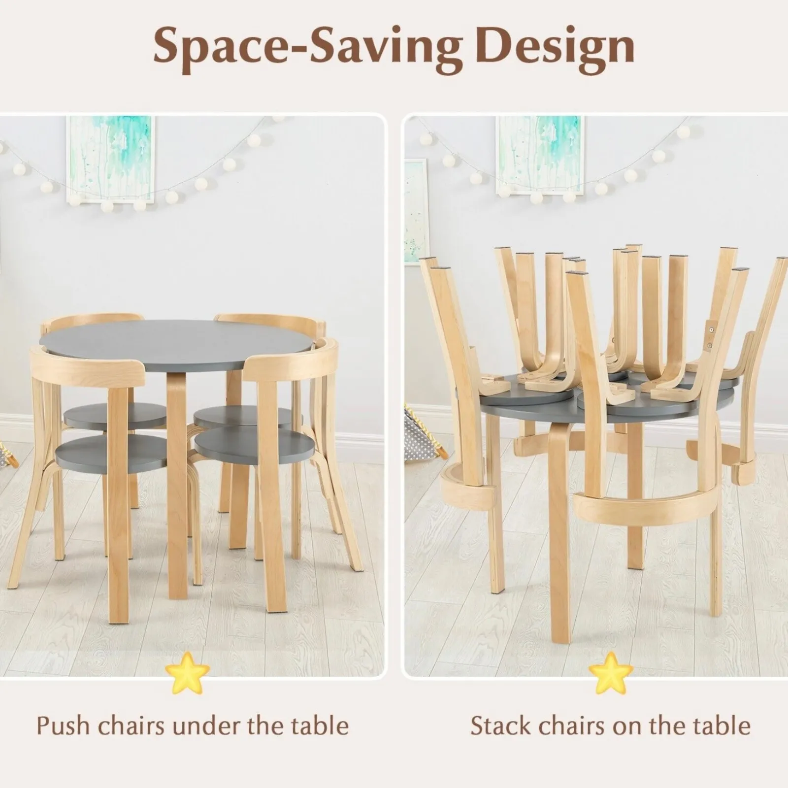 Little Helper Table & Chairs (wooden) | Children’s Wooden Table and 4 Chair Set | Curved Design | Birch & Grey