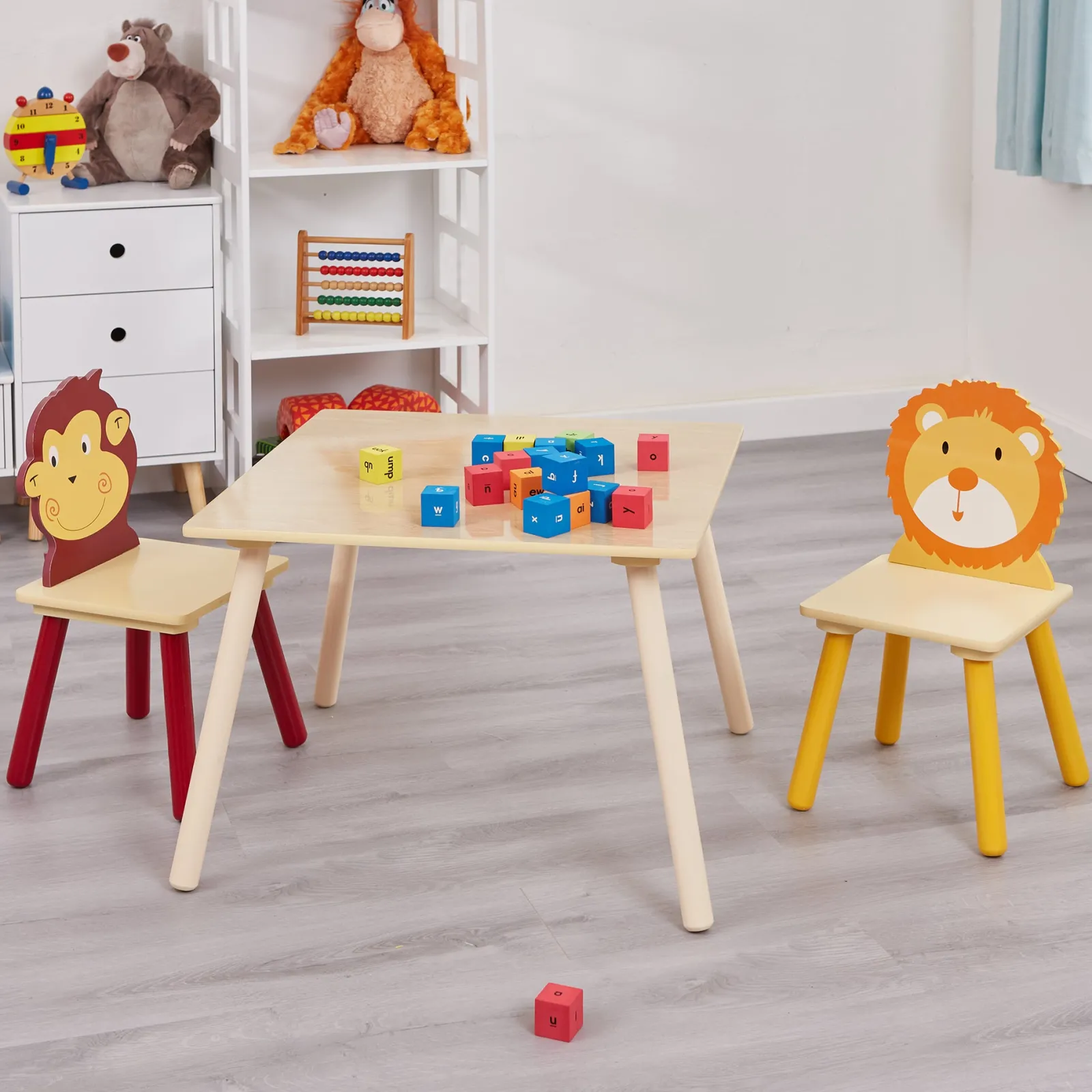Little Helper Table & Chairs (wooden) | Childrens Wooden Table and 2 Chairs | Monkey & Lion Jungle theme | 3 Years +