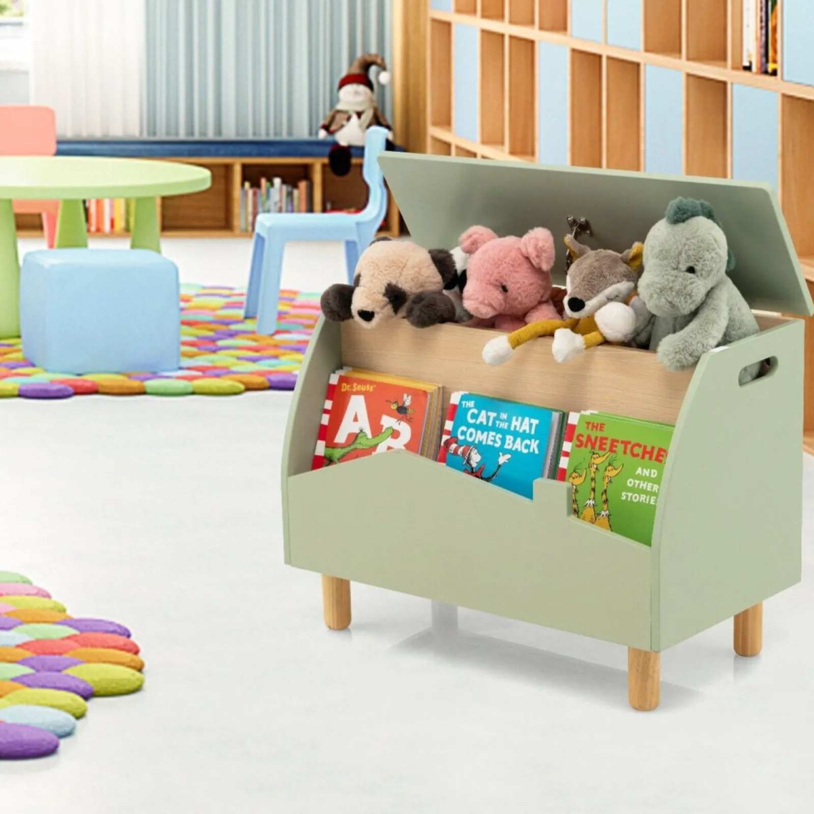 Little Helper Montessori Toys & Products | Toy Storage Units | Cute 3-in-1 Montessori Toy Box | Bench Seat | Book Shelf | Pistachio Green