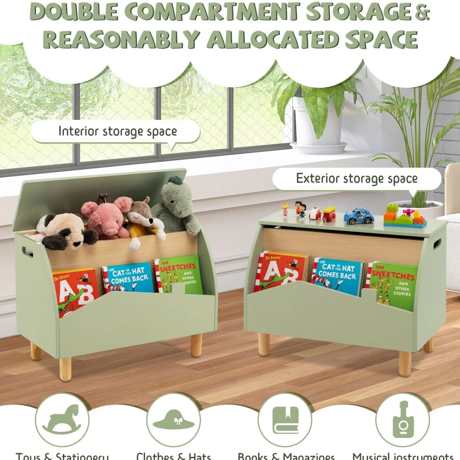 Little Helper Montessori Toys & Products | Toy Storage Units | Cute 3-in-1 Montessori Toy Box | Bench Seat | Book Shelf | Pistachio Green