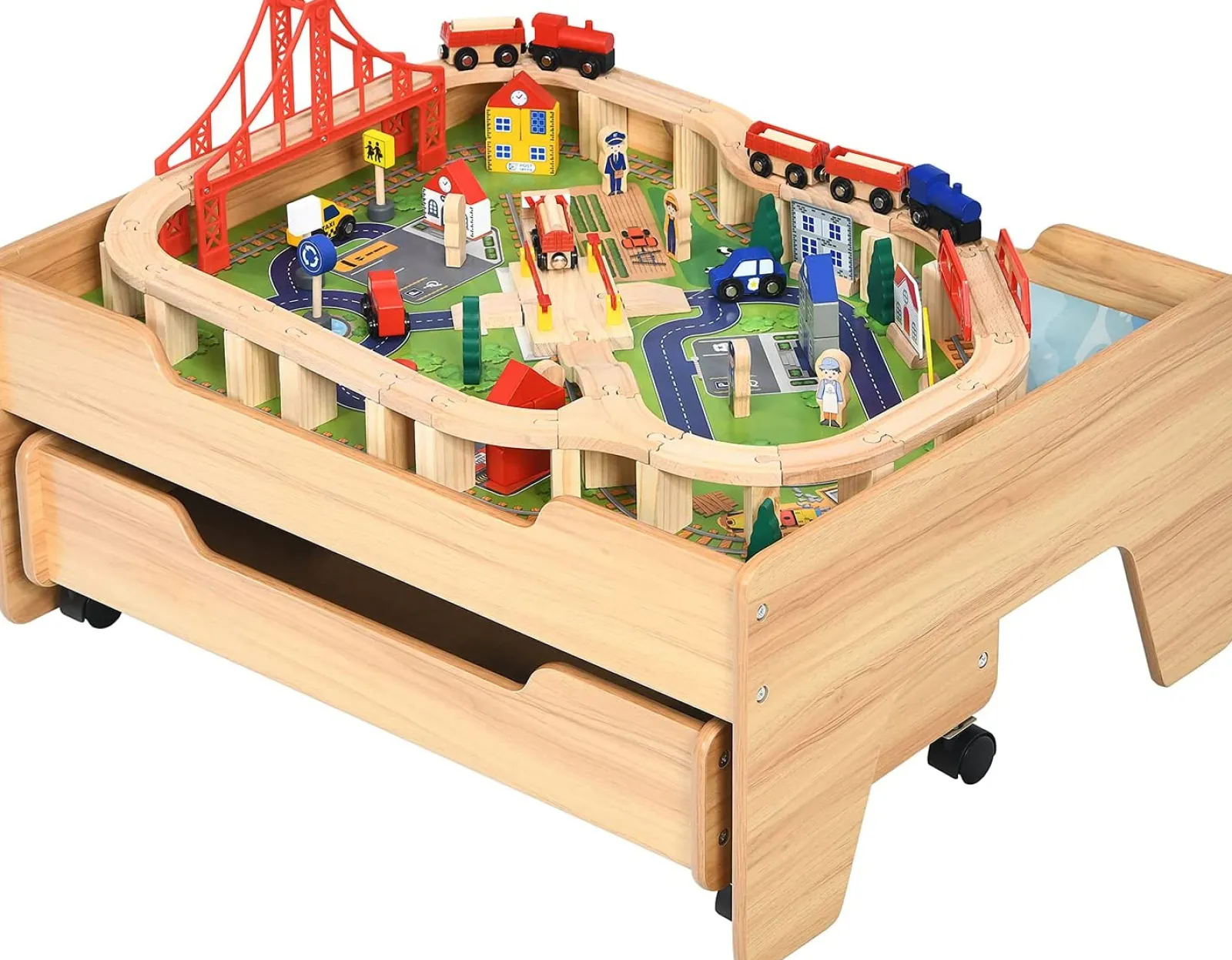 Little Helper Wooden Toys & Educational Toys | Role Play Toys & Pretend Play | Deluxe Beech Wood Montessori Wooden Train Set | 2-in-1 Wooden Train Table | 100pc Train Set