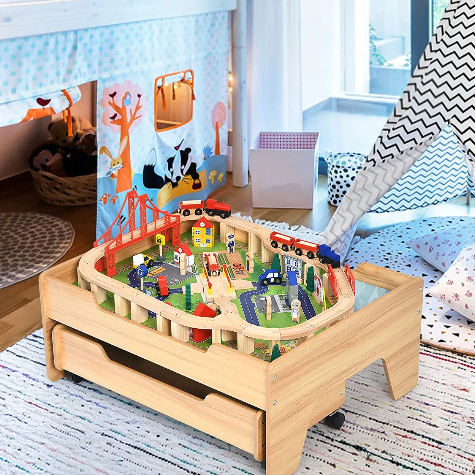 Little Helper Wooden Toys & Educational Toys | Role Play Toys & Pretend Play | Deluxe Beech Wood Montessori Wooden Train Set | 2-in-1 Wooden Train Table | 100pc Train Set