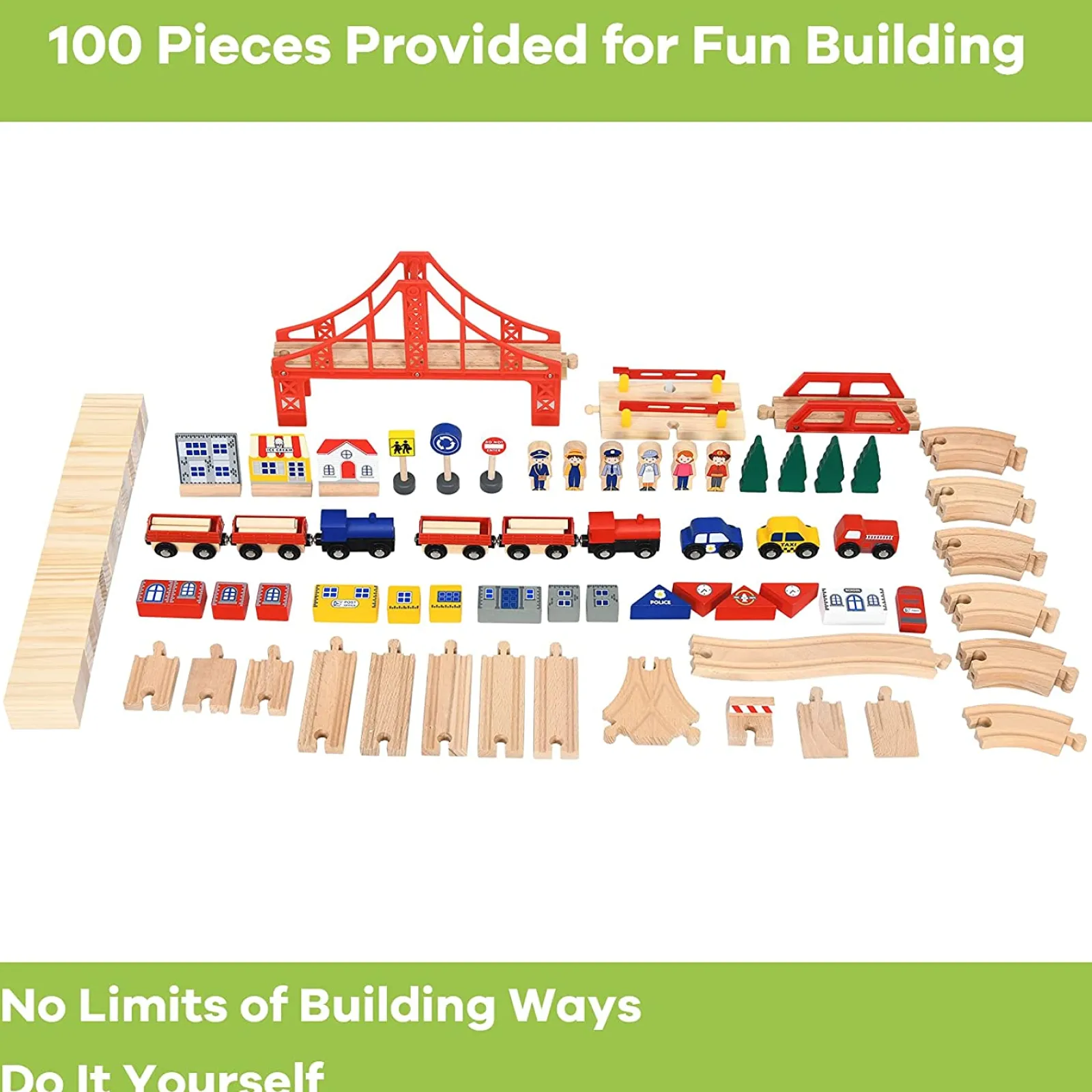 Little Helper Wooden Toys & Educational Toys | Role Play Toys & Pretend Play | Deluxe Beech Wood Montessori Wooden Train Set | 2-in-1 Wooden Train Table | 100pc Train Set