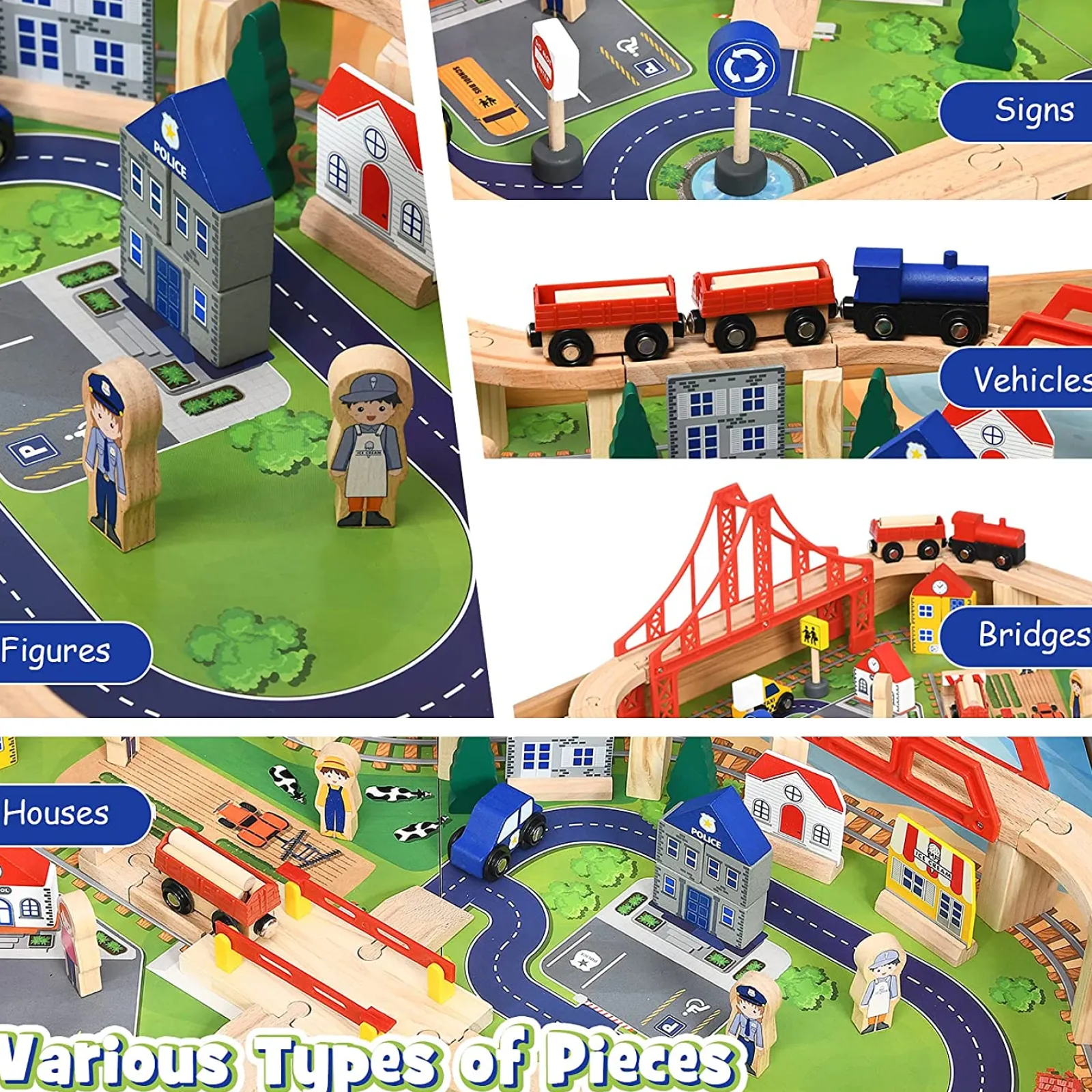 Little Helper Wooden Toys & Educational Toys | Role Play Toys & Pretend Play | Deluxe Beech Wood Montessori Wooden Train Set | 2-in-1 Wooden Train Table | 100pc Train Set