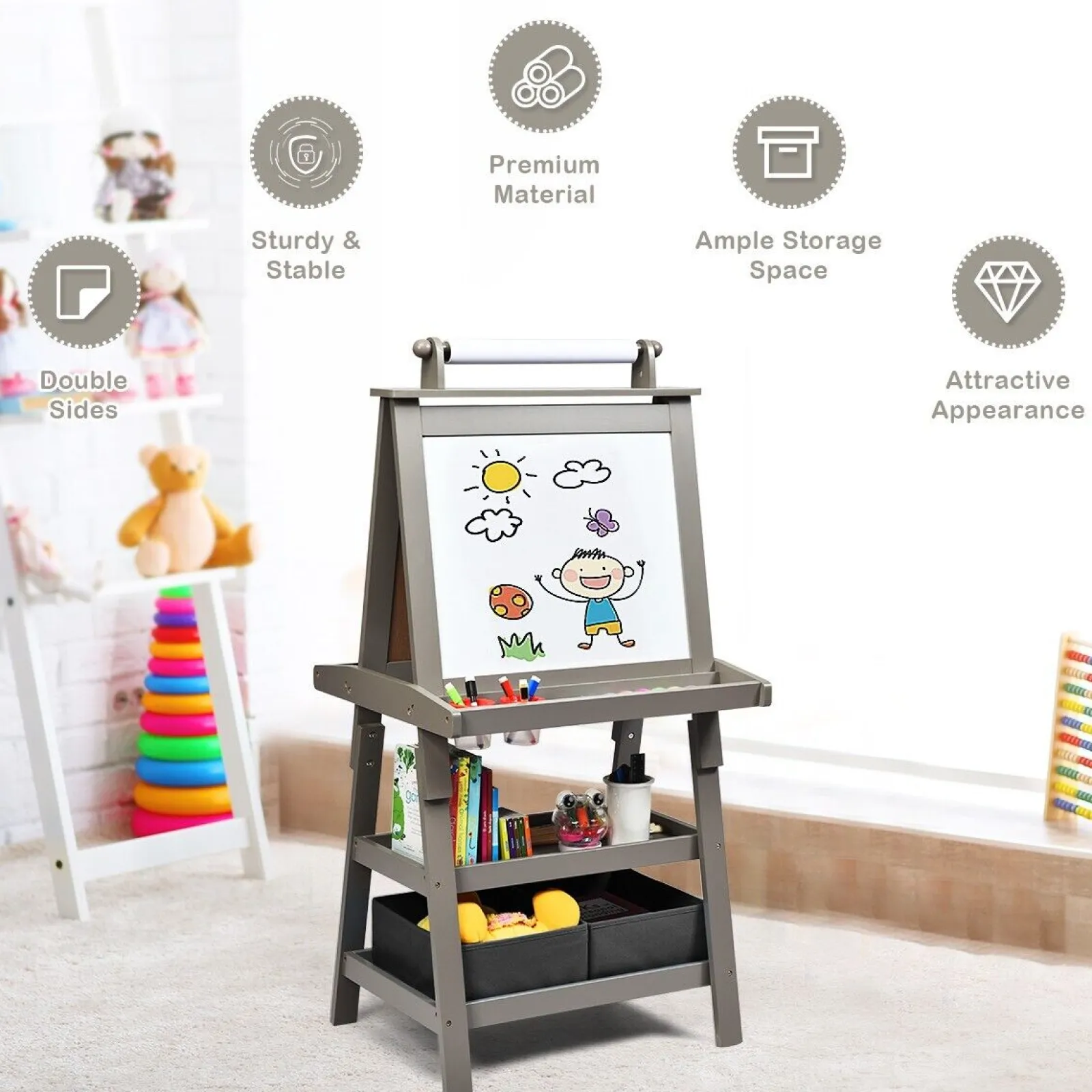 Little Helper Easels & Accessories | Kids Easels & Accessories | Deluxe Eco Easel | Double Sided Whiteboard & Chalkboard Painting Easel with Paper Roll | 2 Storage Boxes | Earl Grey
