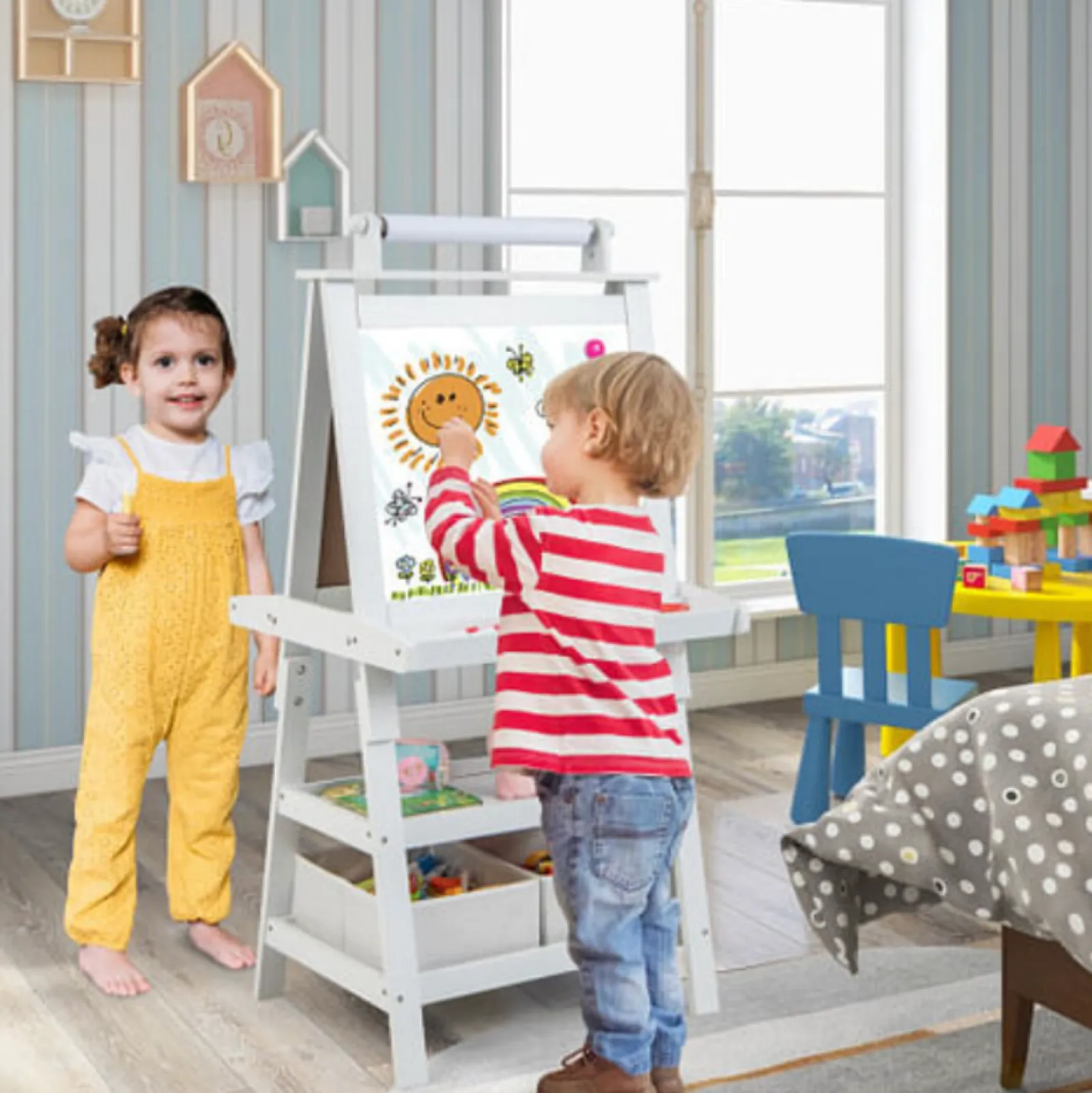 Little Helper Easels & Accessories | Kids Easels & Accessories | Deluxe Eco Easel | Double Sided Whiteboard & Chalkboard Painting Easel with Paper Roll | 2 Storage Boxes | White