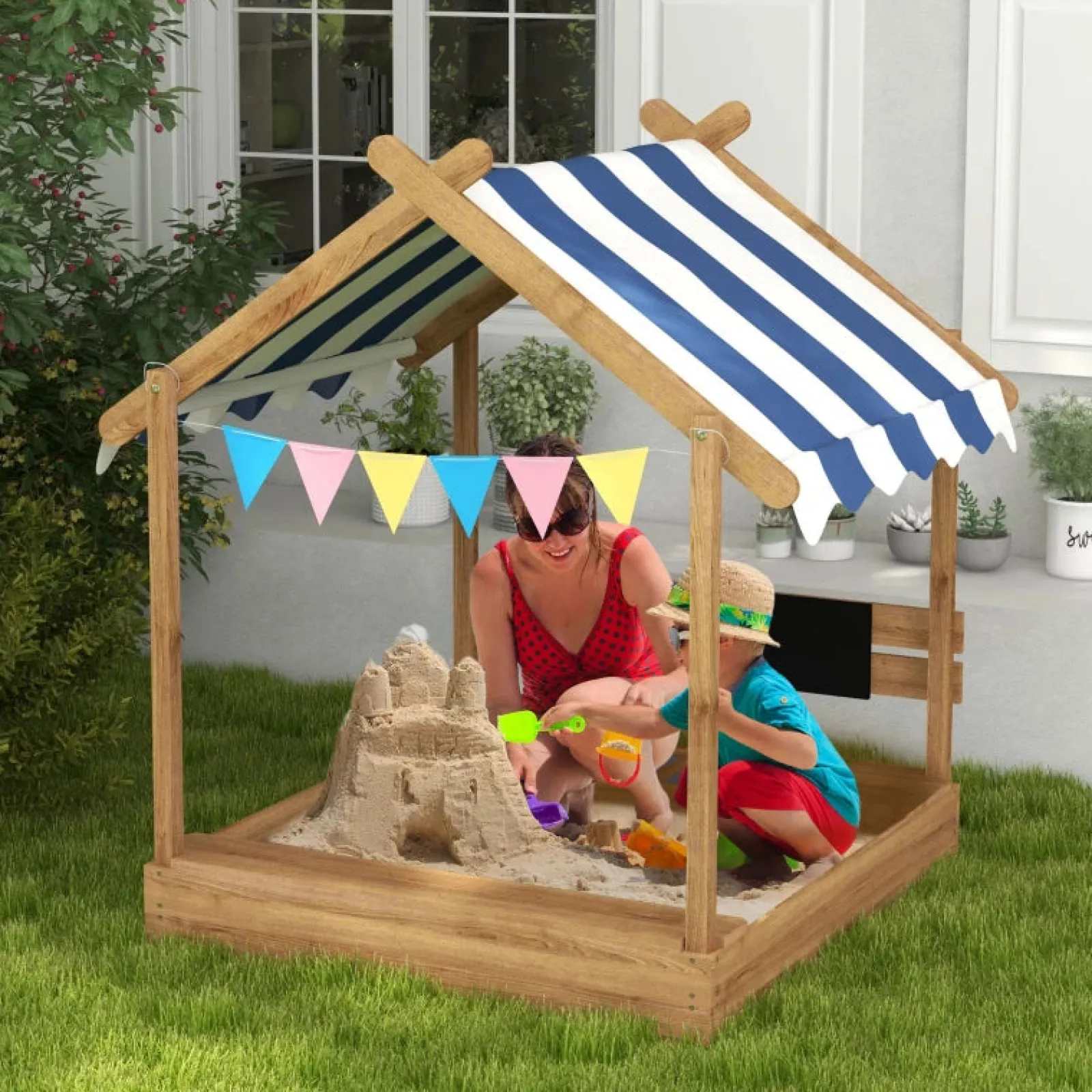 Little Helper Sand & Water Table & Sandpits & Mud Kitchens | Toy Kitchens | Deluxe Eco Fir Wood Sandpit & Mud Kitchen | Blackboard | Canopy | 3-7 Years