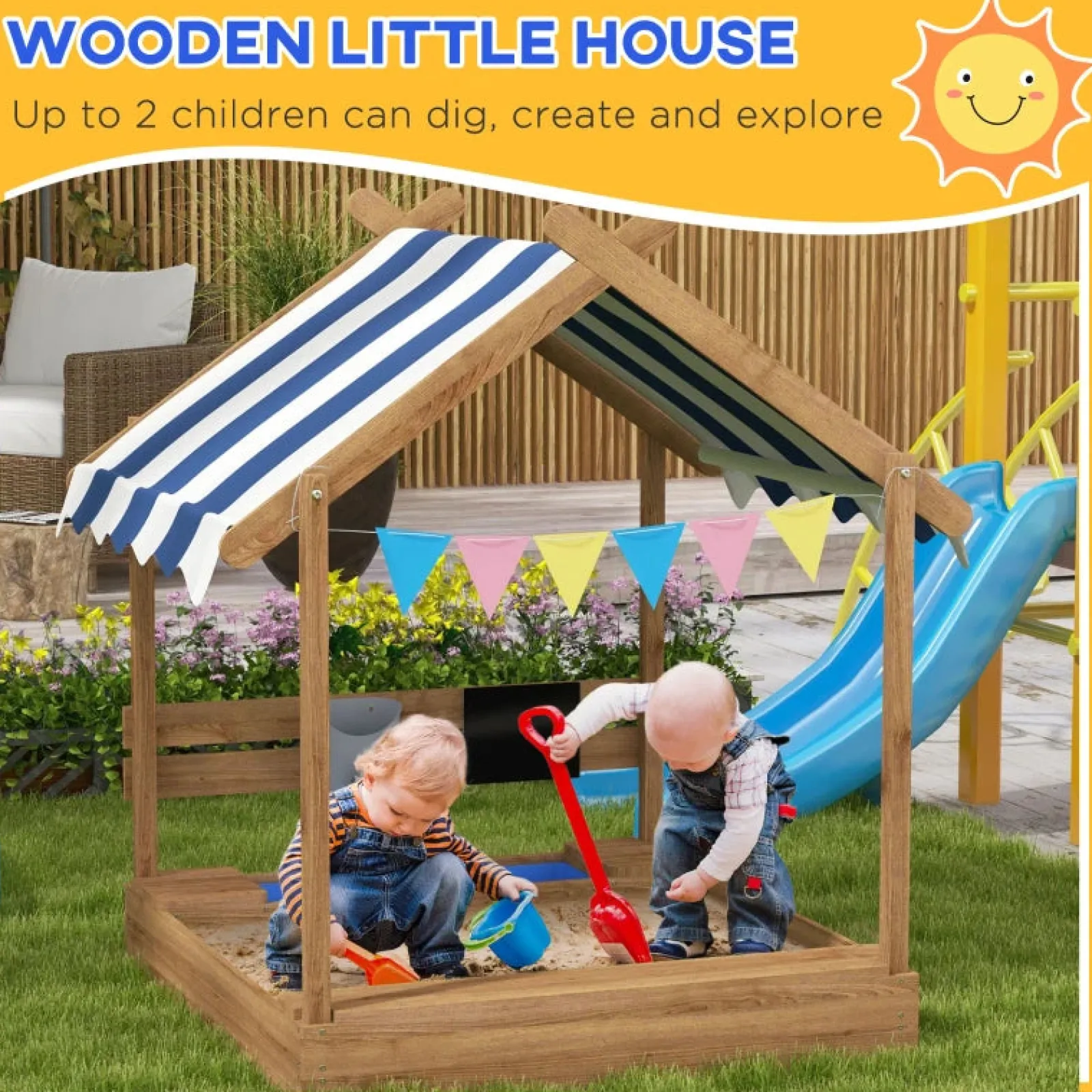 Little Helper Sand & Water Table & Sandpits & Mud Kitchens | Toy Kitchens | Deluxe Eco Fir Wood Sandpit & Mud Kitchen | Blackboard | Canopy | 3-7 Years