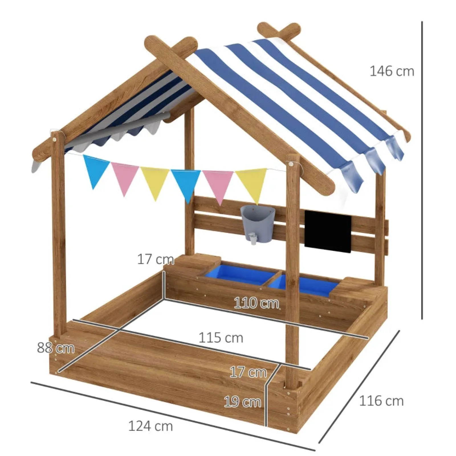 Little Helper Sand & Water Table & Sandpits & Mud Kitchens | Toy Kitchens | Deluxe Eco Fir Wood Sandpit & Mud Kitchen | Blackboard | Canopy | 3-7 Years