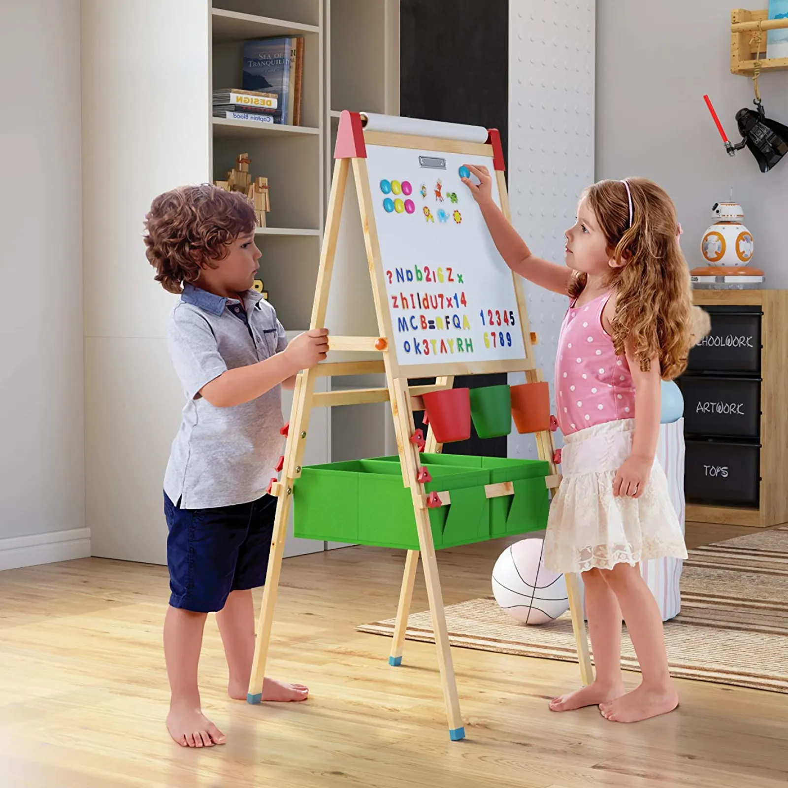 Little Helper Kids Arts & Crafts & Accessories | Easels & Accessories | Deluxe Height Adjustable Kids Eco-Pine Easel | Blackboard Magnetic Whiteboard with 30 pc Accessory Kit | Storage | 3-10 Years