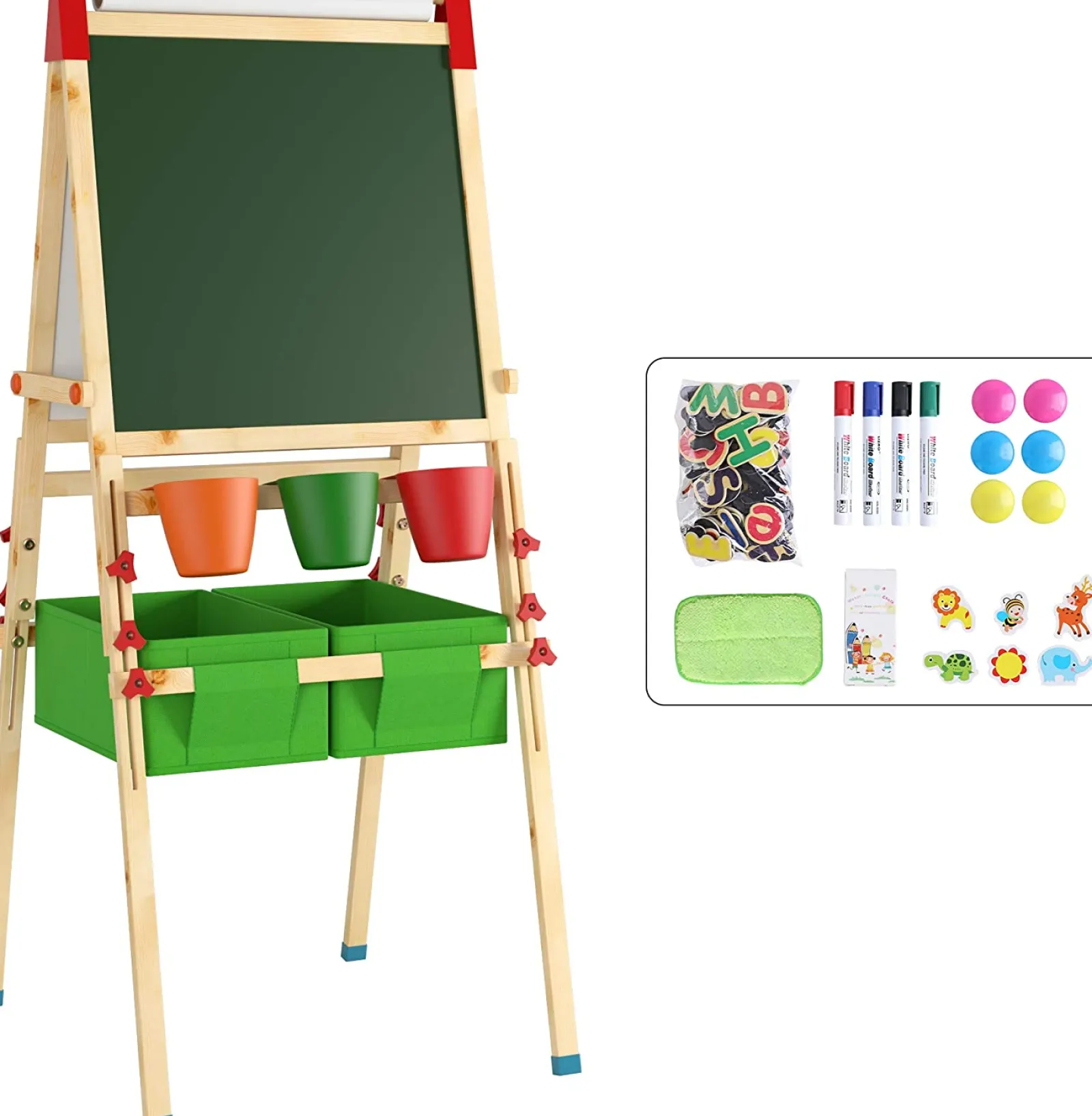 Little Helper Kids Arts & Crafts & Accessories | Easels & Accessories | Deluxe Height Adjustable Kids Eco-Pine Easel | Blackboard Magnetic Whiteboard with 30 pc Accessory Kit | Storage | 3-10 Years