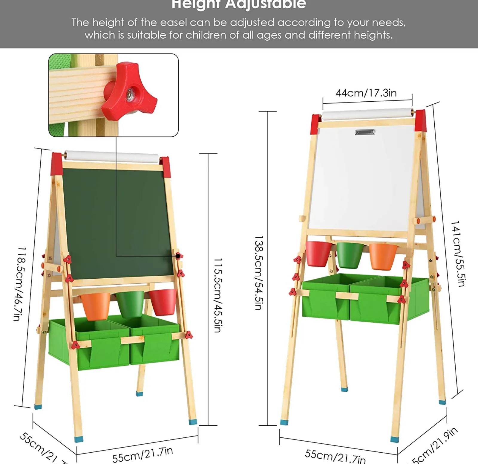 Little Helper Kids Arts & Crafts & Accessories | Easels & Accessories | Deluxe Height Adjustable Kids Eco-Pine Easel | Blackboard Magnetic Whiteboard with 30 pc Accessory Kit | Storage | 3-10 Years