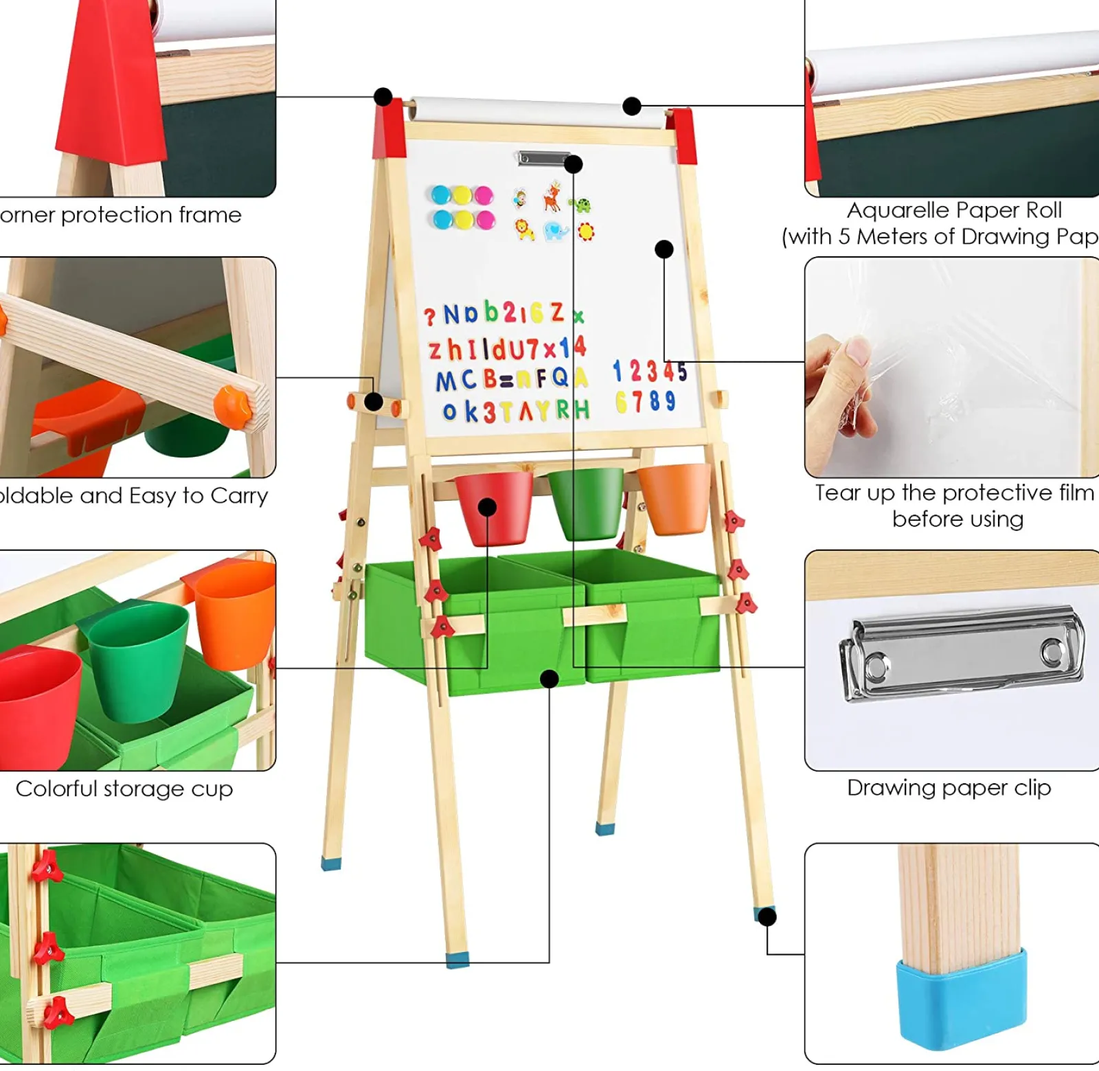 Little Helper Kids Arts & Crafts & Accessories | Easels & Accessories | Deluxe Height Adjustable Kids Eco-Pine Easel | Blackboard Magnetic Whiteboard with 30 pc Accessory Kit | Storage | 3-10 Years