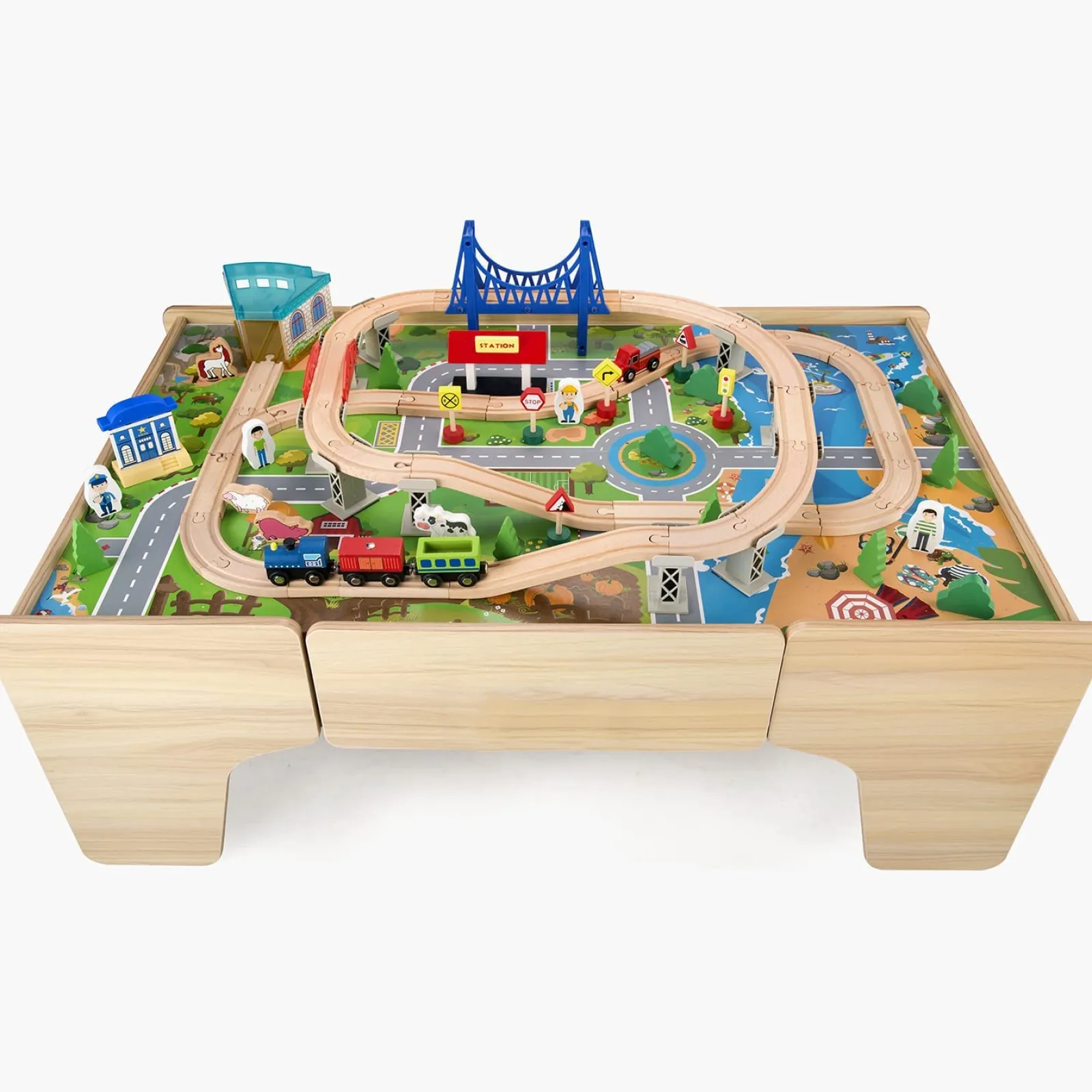 Little Helper Wooden Toys & Educational Toys | Role Play Toys & Pretend Play | Deluxe Large Montessori Eco Wooden Train Set | 2-in-1 Wooden Train Table | 80pc Train Set