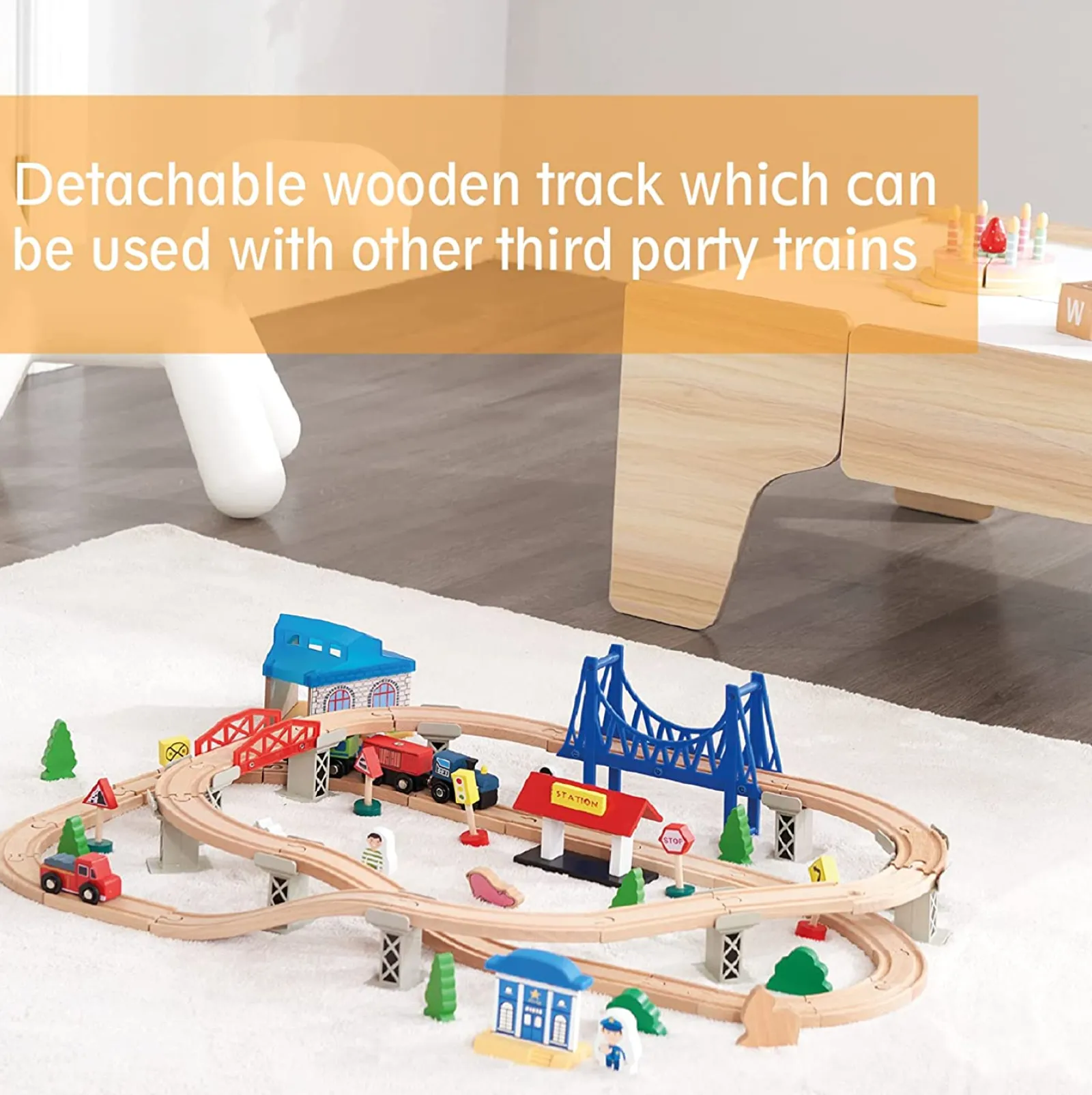 Little Helper Wooden Toys & Educational Toys | Role Play Toys & Pretend Play | Deluxe Large Montessori Eco Wooden Train Set | 2-in-1 Wooden Train Table | 80pc Train Set