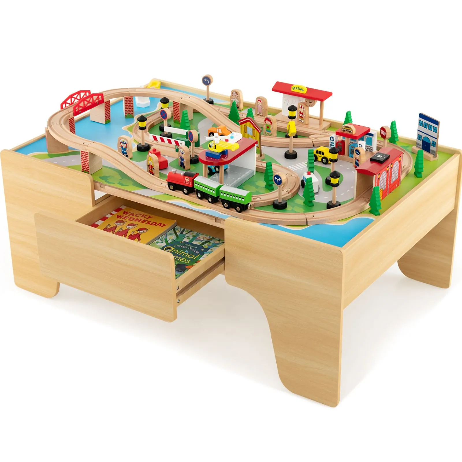 Little Helper Wooden Toys & Educational Toys | Role Play Toys & Pretend Play | Deluxe Large Montessori 2-in-1 Wooden Train Set & Table | 84pc Train Set