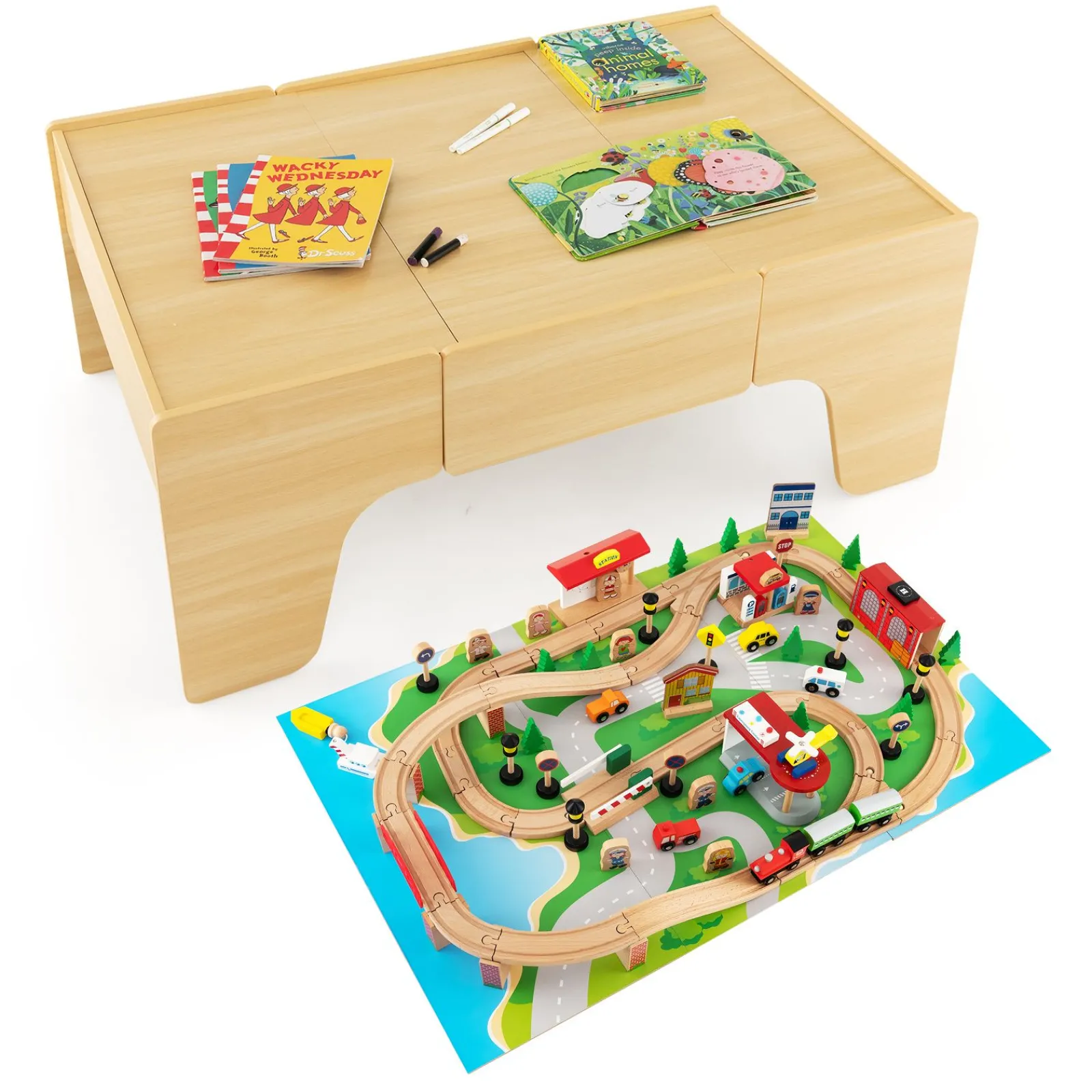 Little Helper Wooden Toys & Educational Toys | Role Play Toys & Pretend Play | Deluxe Large Montessori 2-in-1 Wooden Train Set & Table | 84pc Train Set