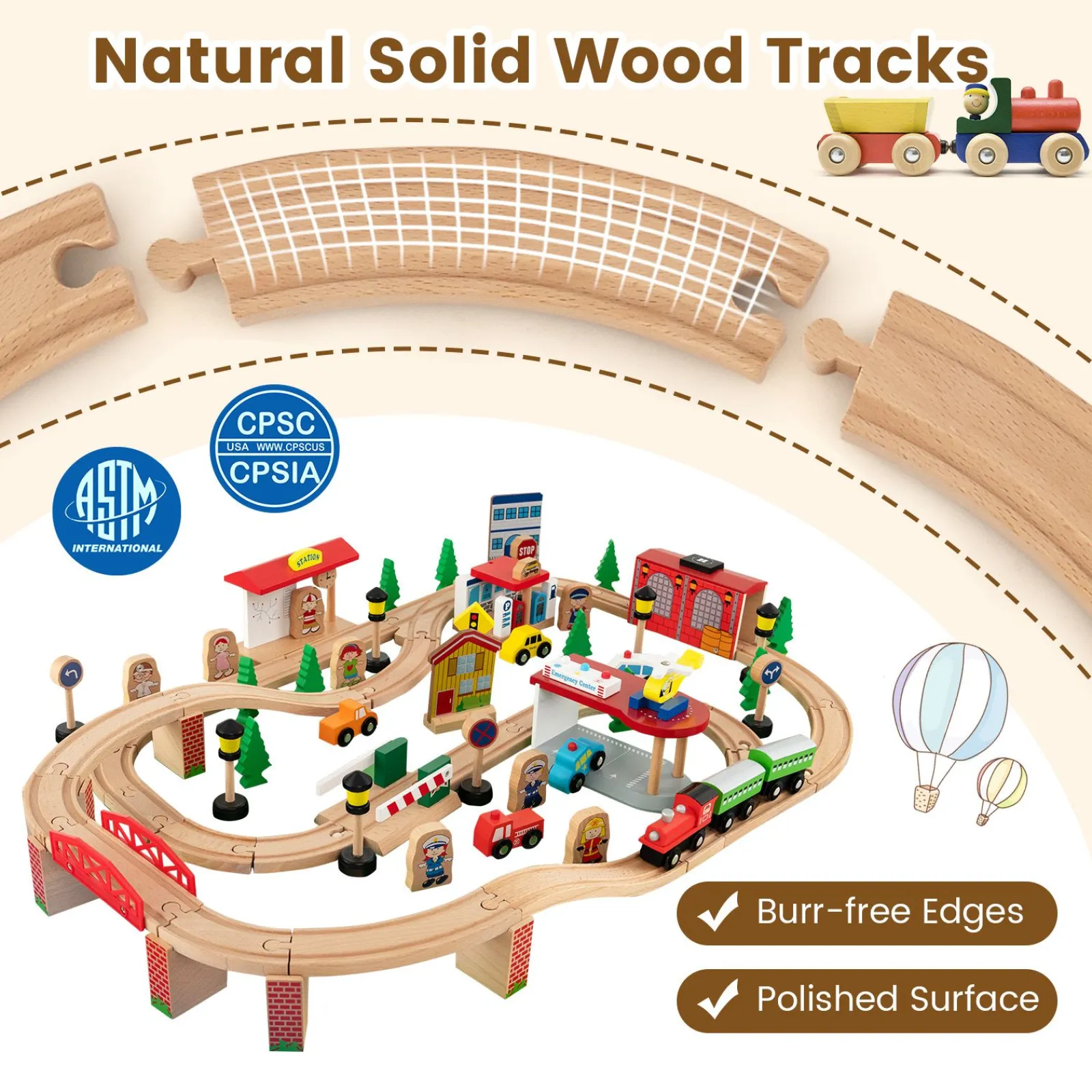 Little Helper Wooden Toys & Educational Toys | Role Play Toys & Pretend Play | Deluxe Large Montessori 2-in-1 Wooden Train Set & Table | 84pc Train Set