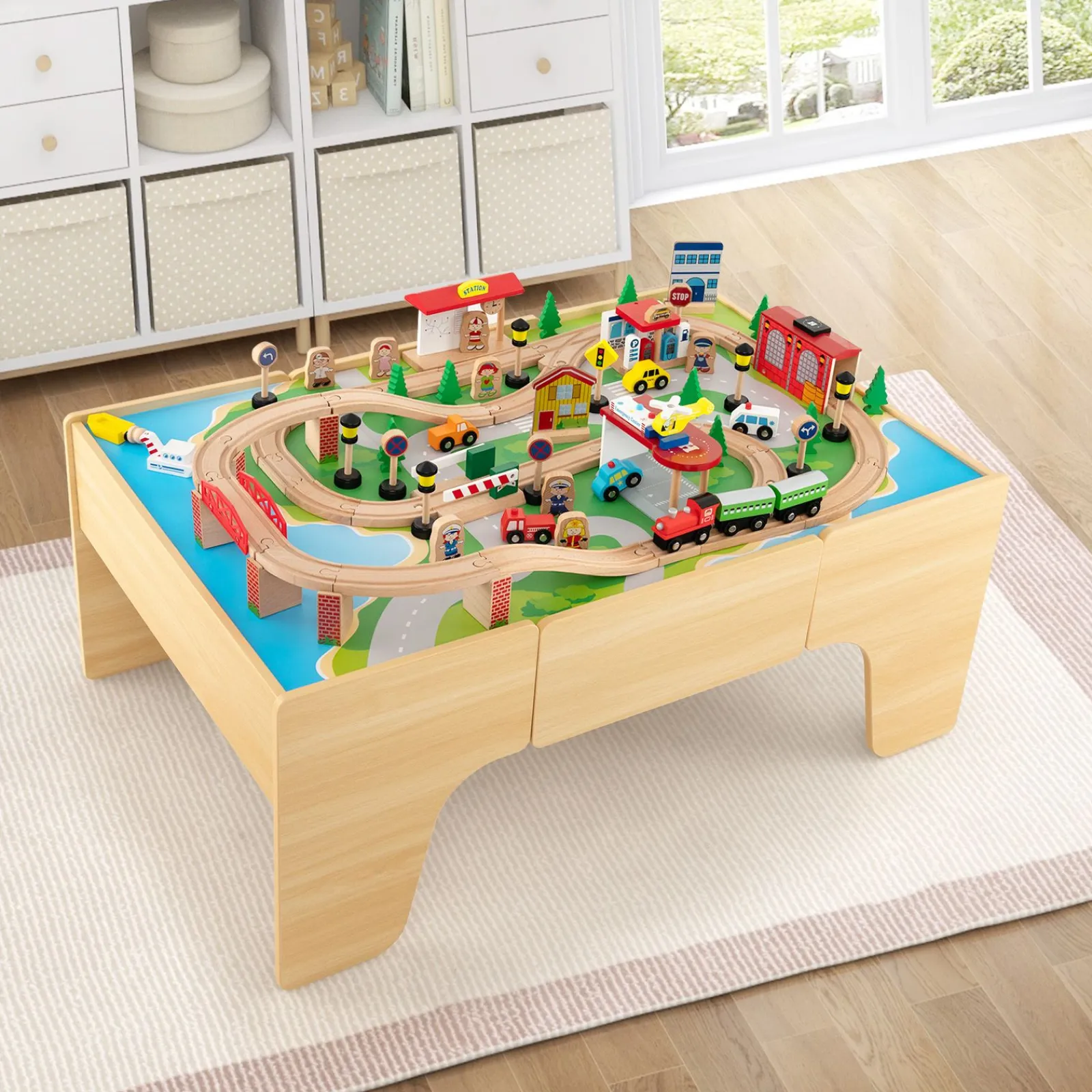 Little Helper Wooden Toys & Educational Toys | Role Play Toys & Pretend Play | Deluxe Large Montessori 2-in-1 Wooden Train Set & Table | 84pc Train Set