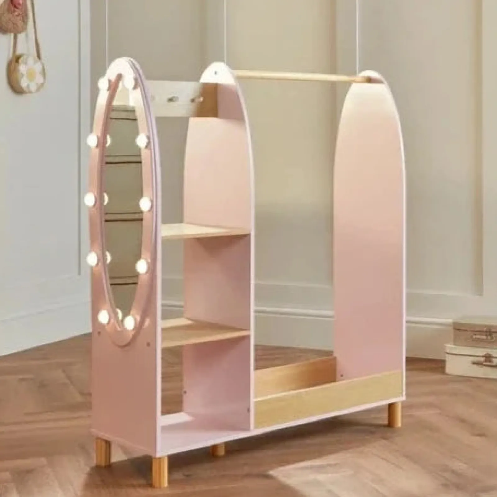 Little Helper Montessori Toys & Products | Clothes Rail & Dressing Up Rails | Deluxe Montessori Dress Up Rail | LED Light-up Mirror & Storage | 1.09m high | Princess Pink