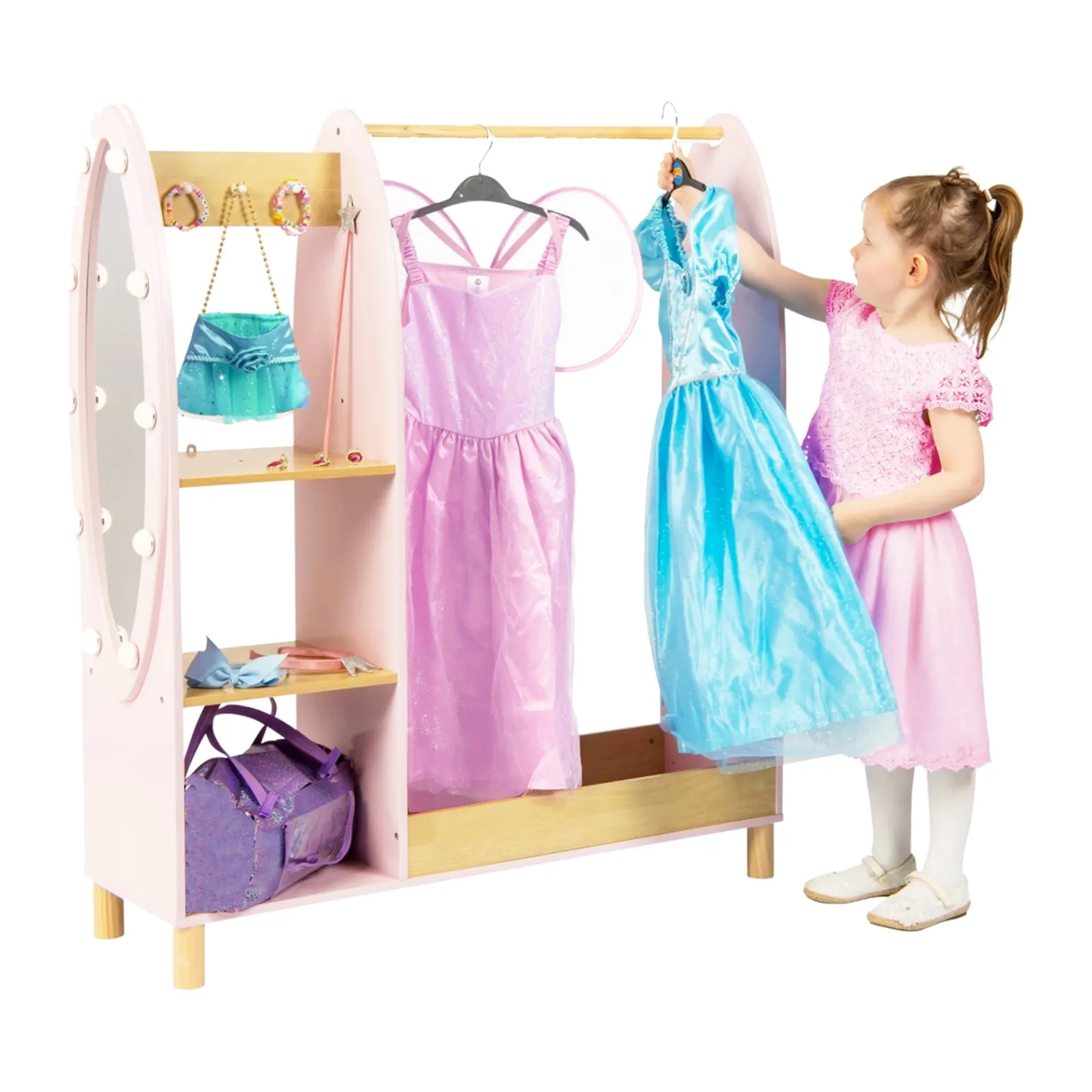 Little Helper Montessori Toys & Products | Clothes Rail & Dressing Up Rails | Deluxe Montessori Dress Up Rail | LED Light-up Mirror & Storage | 1.09m high | Princess Pink
