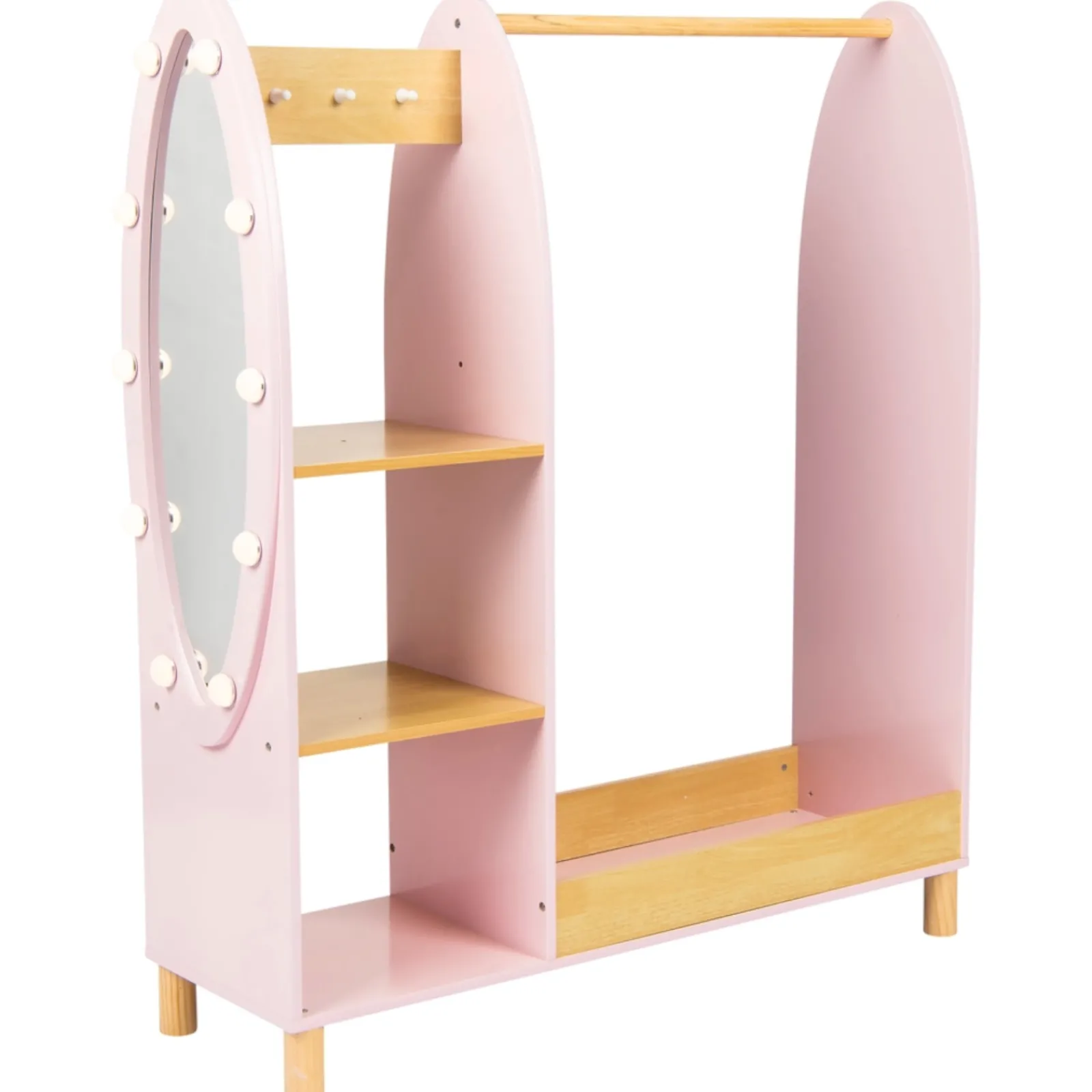 Little Helper Montessori Toys & Products | Clothes Rail & Dressing Up Rails | Deluxe Montessori Dress Up Rail | LED Light-up Mirror & Storage | 1.09m high | Princess Pink