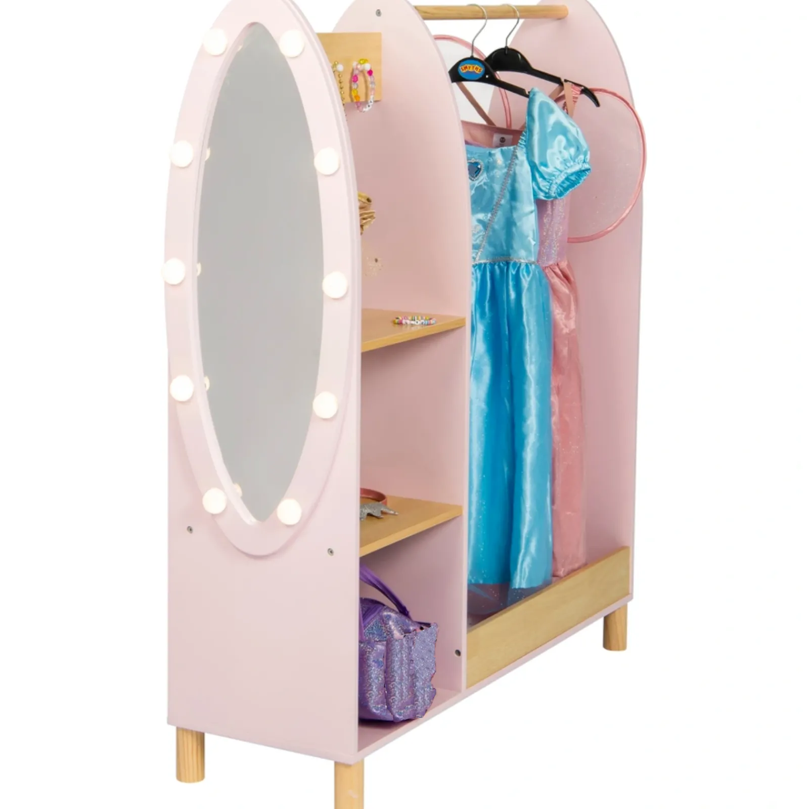 Little Helper Montessori Toys & Products | Clothes Rail & Dressing Up Rails | Deluxe Montessori Dress Up Rail | LED Light-up Mirror & Storage | 1.09m high | Princess Pink
