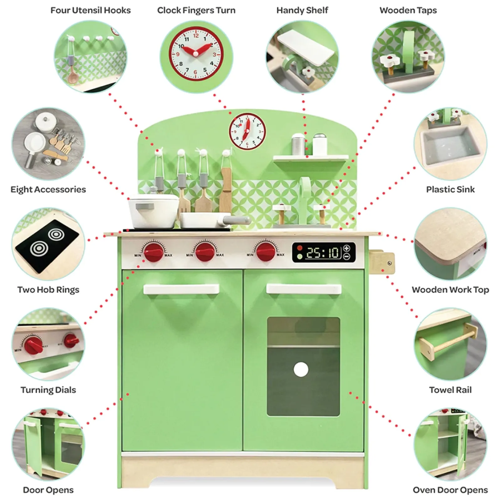 Little Helper Wooden Toys & Educational Toys | Toy Kitchens | Deluxe Montessori Eco Wooden Retro Toy Kitchen | Large number of Features & Accessories | Green