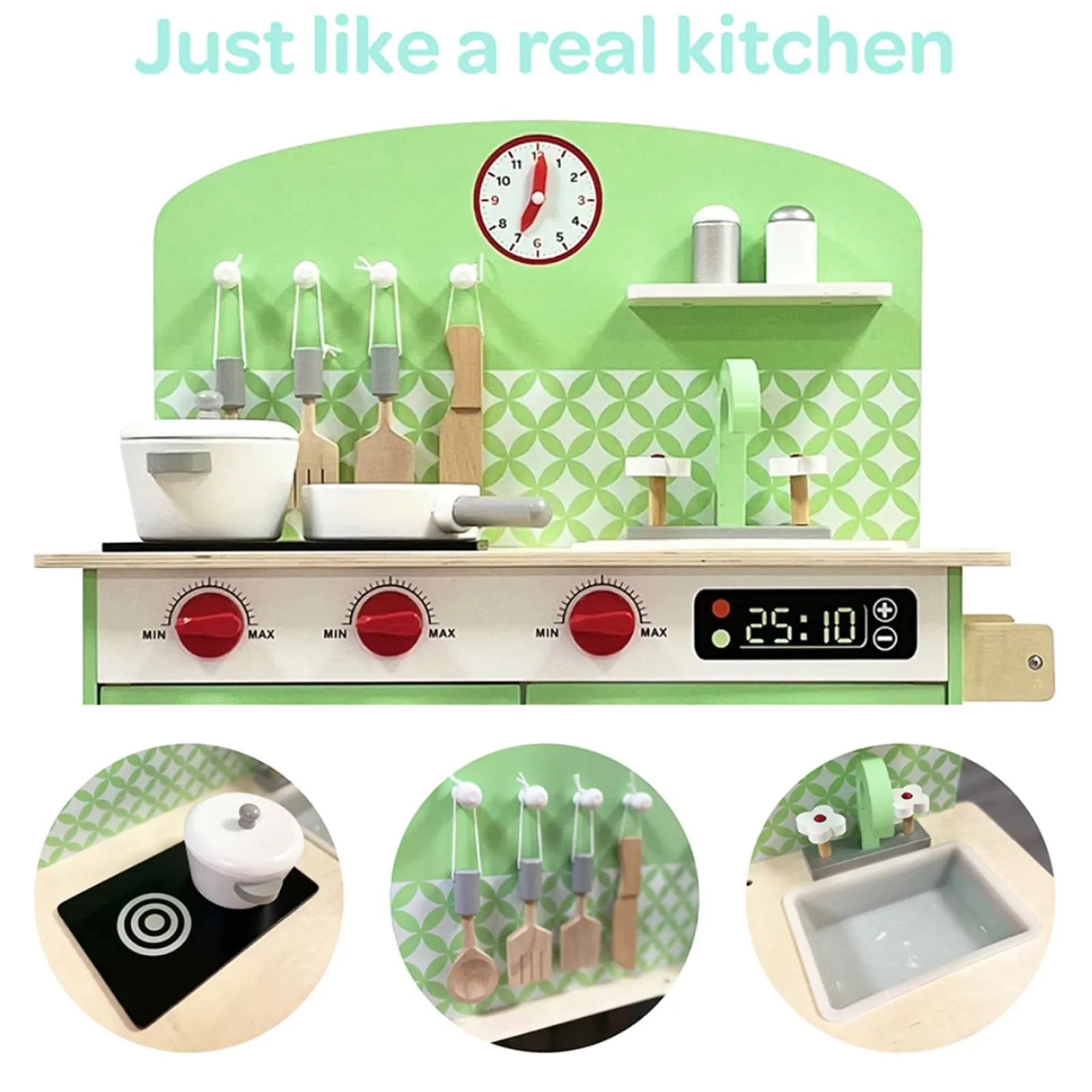 Little Helper Wooden Toys & Educational Toys | Toy Kitchens | Deluxe Montessori Eco Wooden Retro Toy Kitchen | Large number of Features & Accessories | Green