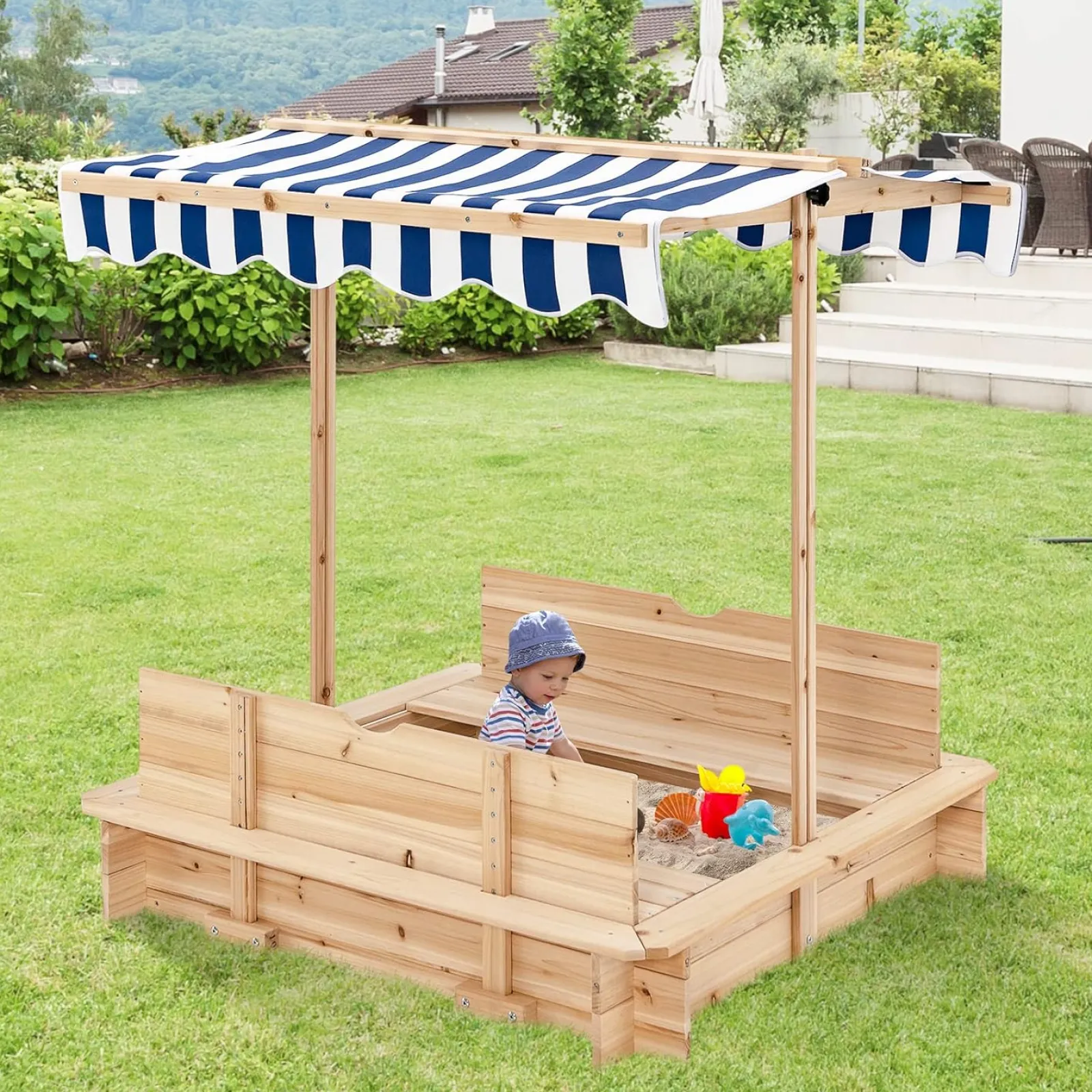 Little Helper Sand & Water Table & Sandpits & Mud Kitchens | Montessori Toys & Products | Deluxe Montessori Eco-Conscious Robust Cedar Wood Sandpit with Bench & Canopy | 3-6 years