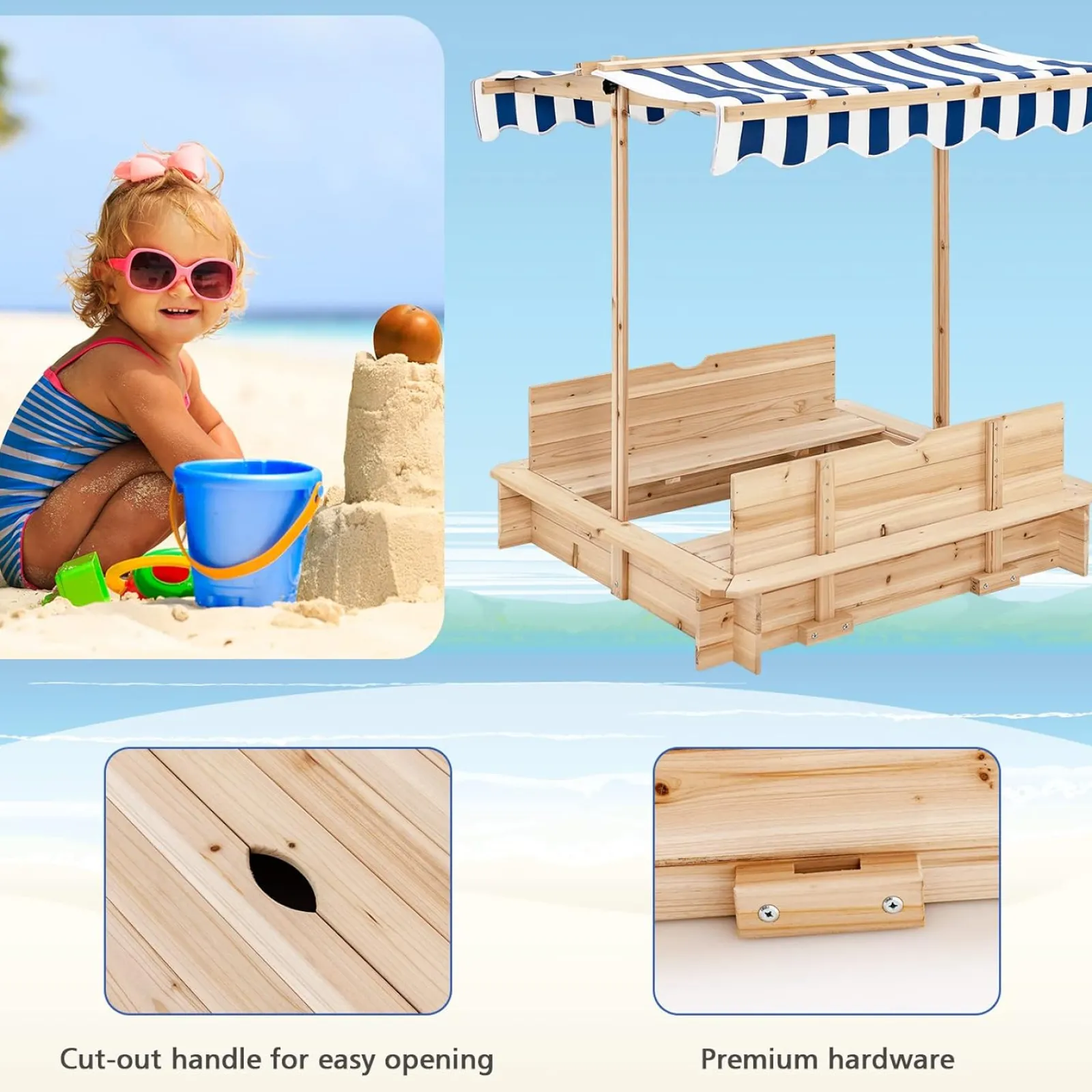 Little Helper Sand & Water Table & Sandpits & Mud Kitchens | Montessori Toys & Products | Deluxe Montessori Eco-Conscious Robust Cedar Wood Sandpit with Bench & Canopy | 3-6 years