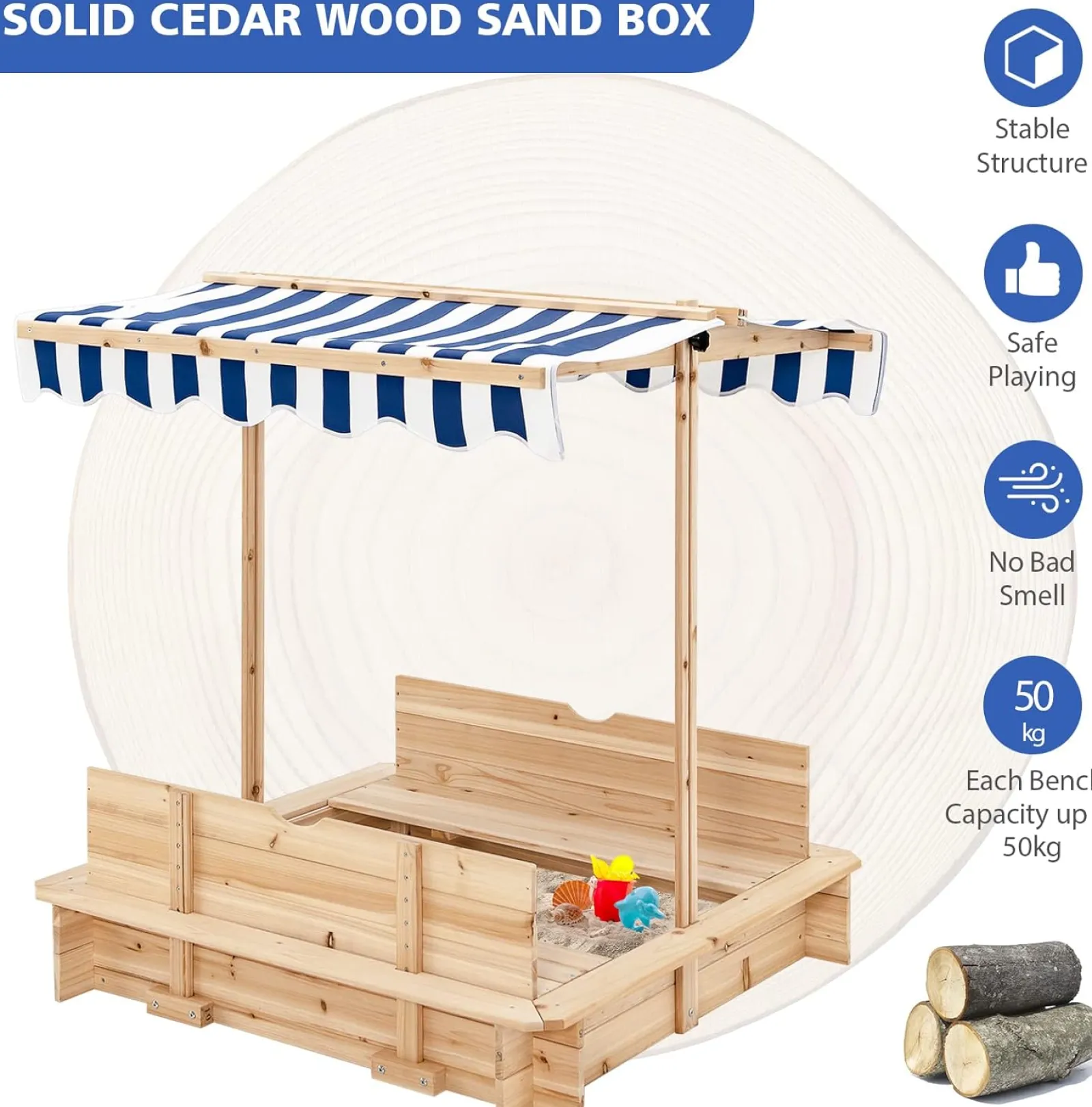 Little Helper Sand & Water Table & Sandpits & Mud Kitchens | Montessori Toys & Products | Deluxe Montessori Eco-Conscious Robust Cedar Wood Sandpit with Bench & Canopy | 3-6 years