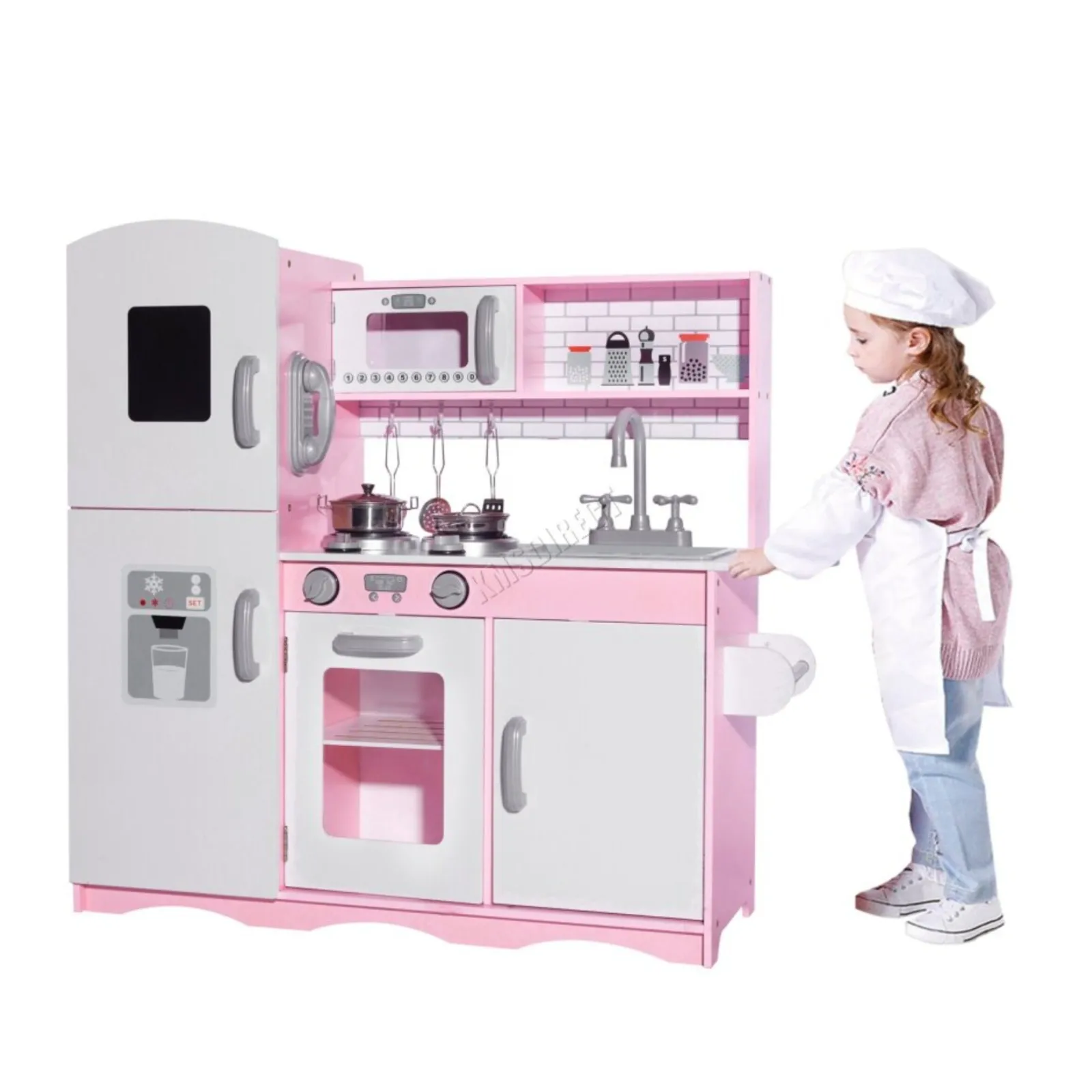 Little Helper Wooden Toys & Educational Toys | Toy Kitchens | Deluxe Montessori Inspired Toy Kitchen | Phone | Blackboard | Microwave | Realistic Sounds & Accessories | Pink