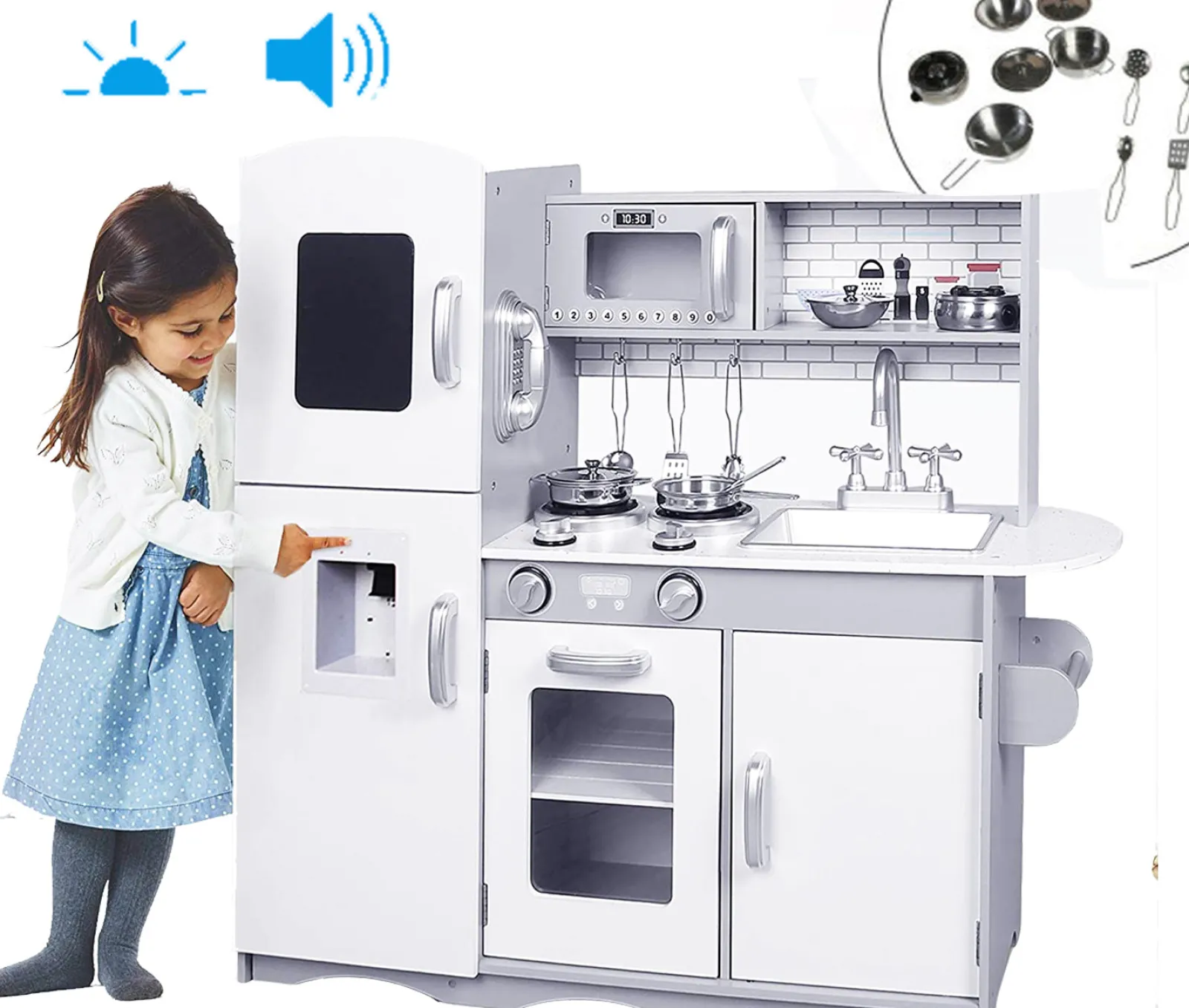 Little Helper Wooden Toys & Educational Toys | Toy Kitchens | Deluxe Montessori Inspired Wooden Toy Kitchen | Water Dispenser | Phone | Large Blackboard & Accessories