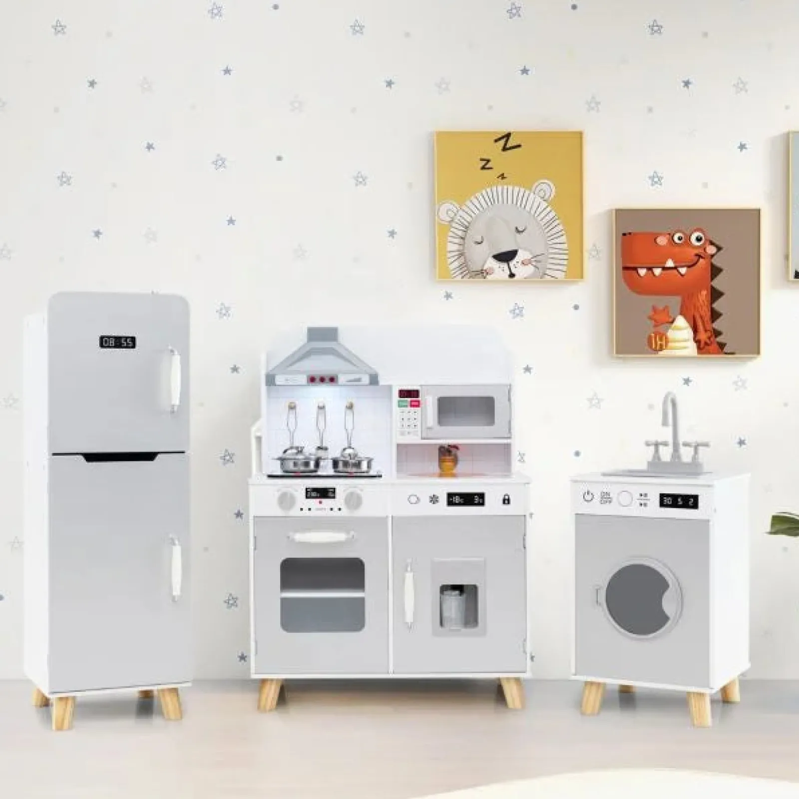 Little Helper Wooden Toys & Educational Toys | Toy Kitchens | Deluxe Montessori Modular Wooden Toy Kitchen | Fridge | Washing Machine | Realistic Lights & Sounds | Accessories
