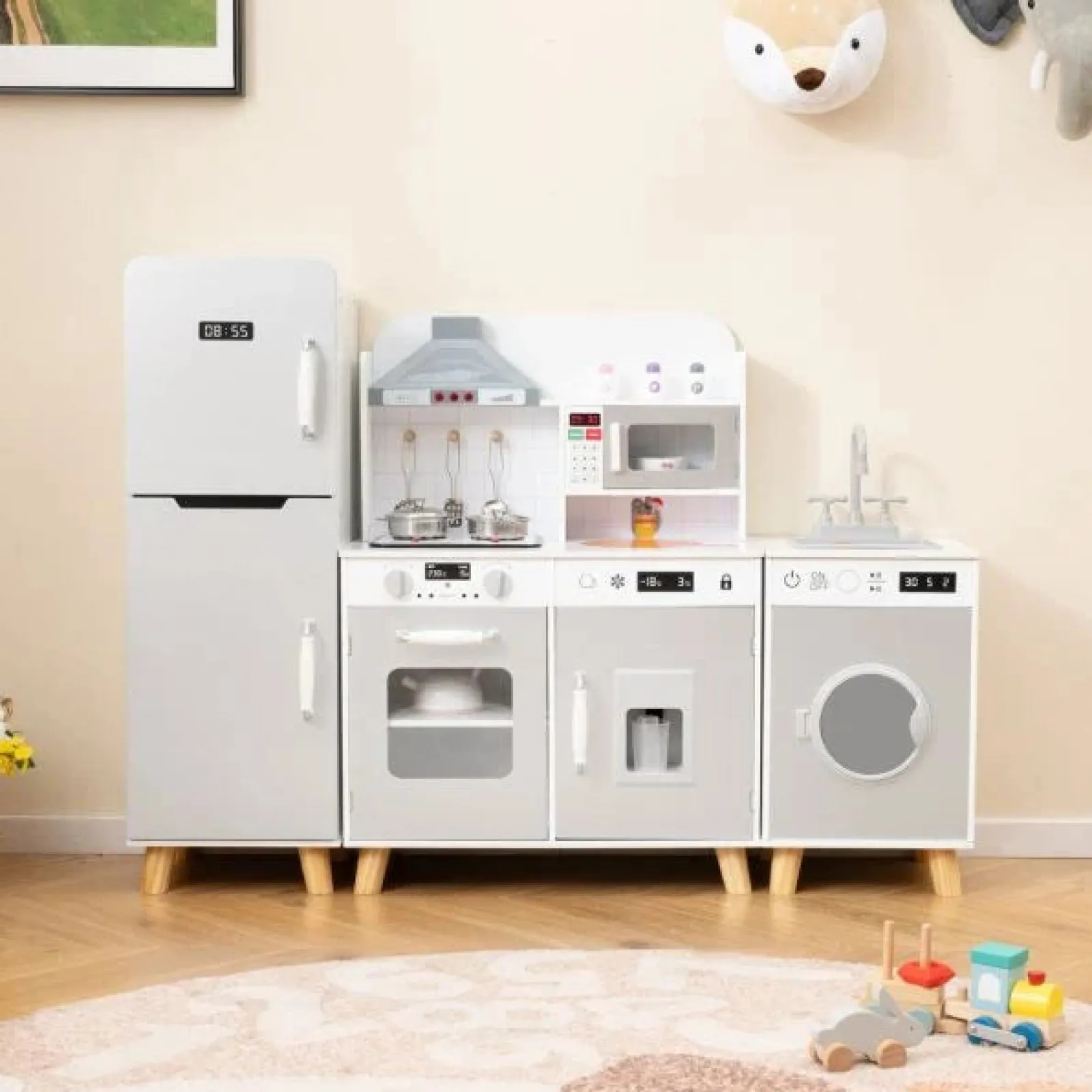 Little Helper Wooden Toys & Educational Toys | Toy Kitchens | Deluxe Montessori Modular Wooden Toy Kitchen | Fridge | Washing Machine | Realistic Lights & Sounds | Accessories