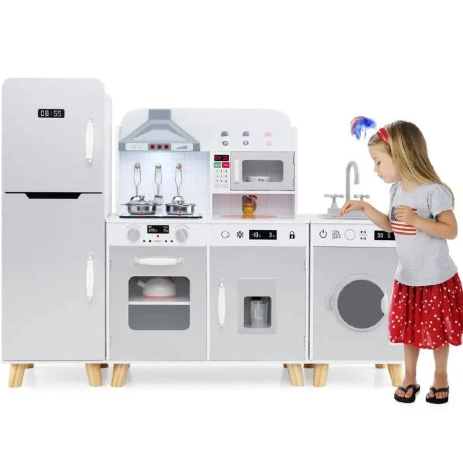 Little Helper Wooden Toys & Educational Toys | Toy Kitchens | Deluxe Montessori Modular Wooden Toy Kitchen | Fridge | Washing Machine | Realistic Lights & Sounds | Accessories