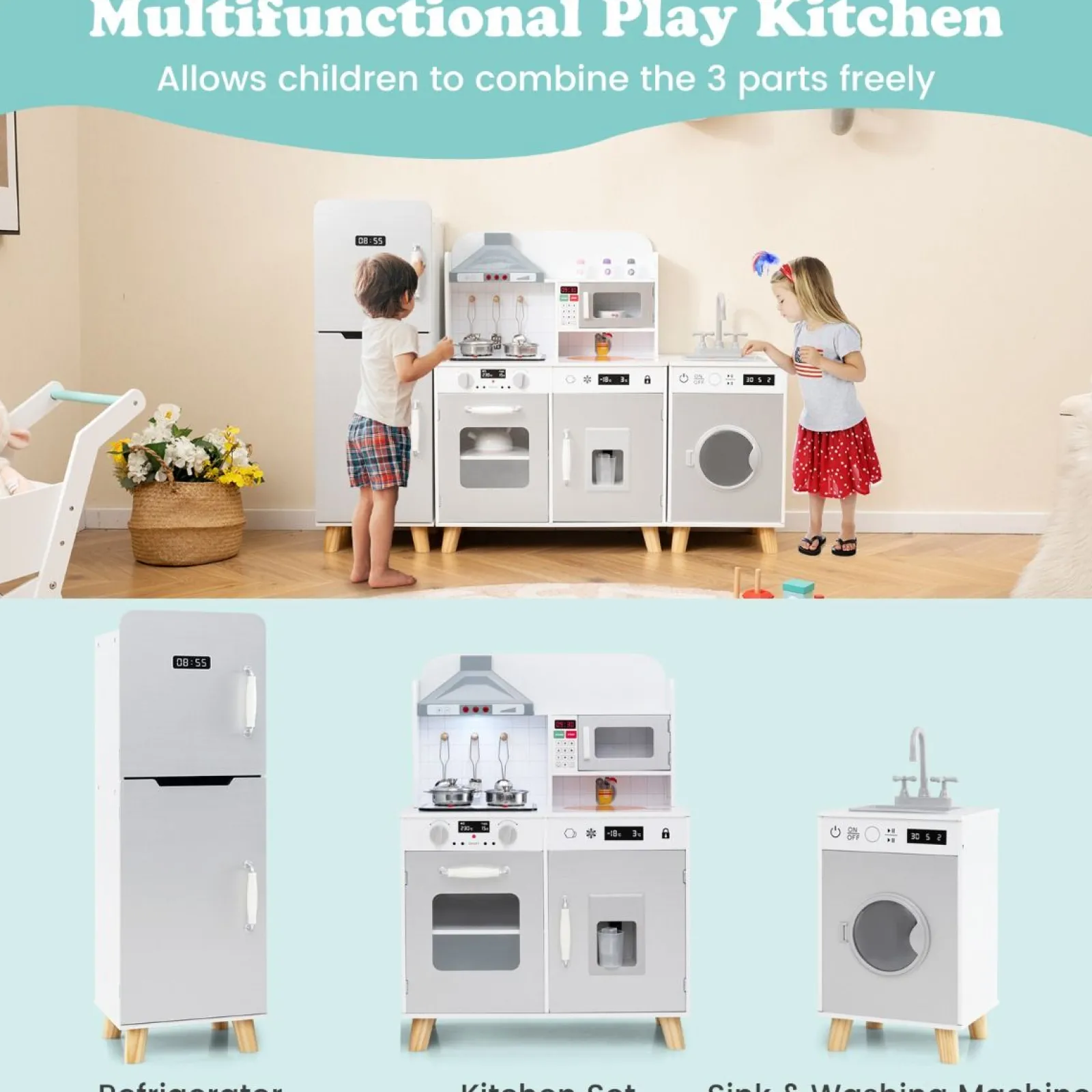 Little Helper Wooden Toys & Educational Toys | Toy Kitchens | Deluxe Montessori Modular Wooden Toy Kitchen | Fridge | Washing Machine | Realistic Lights & Sounds | Accessories