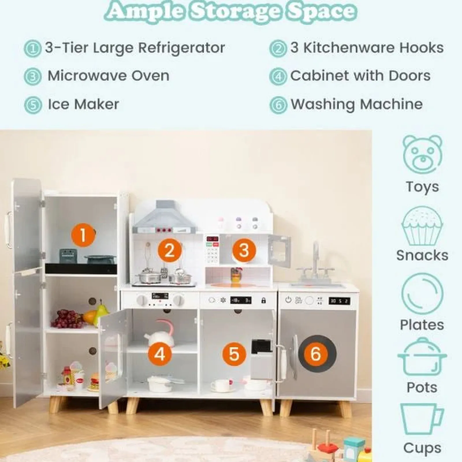 Little Helper Wooden Toys & Educational Toys | Toy Kitchens | Deluxe Montessori Modular Wooden Toy Kitchen | Fridge | Washing Machine | Realistic Lights & Sounds | Accessories