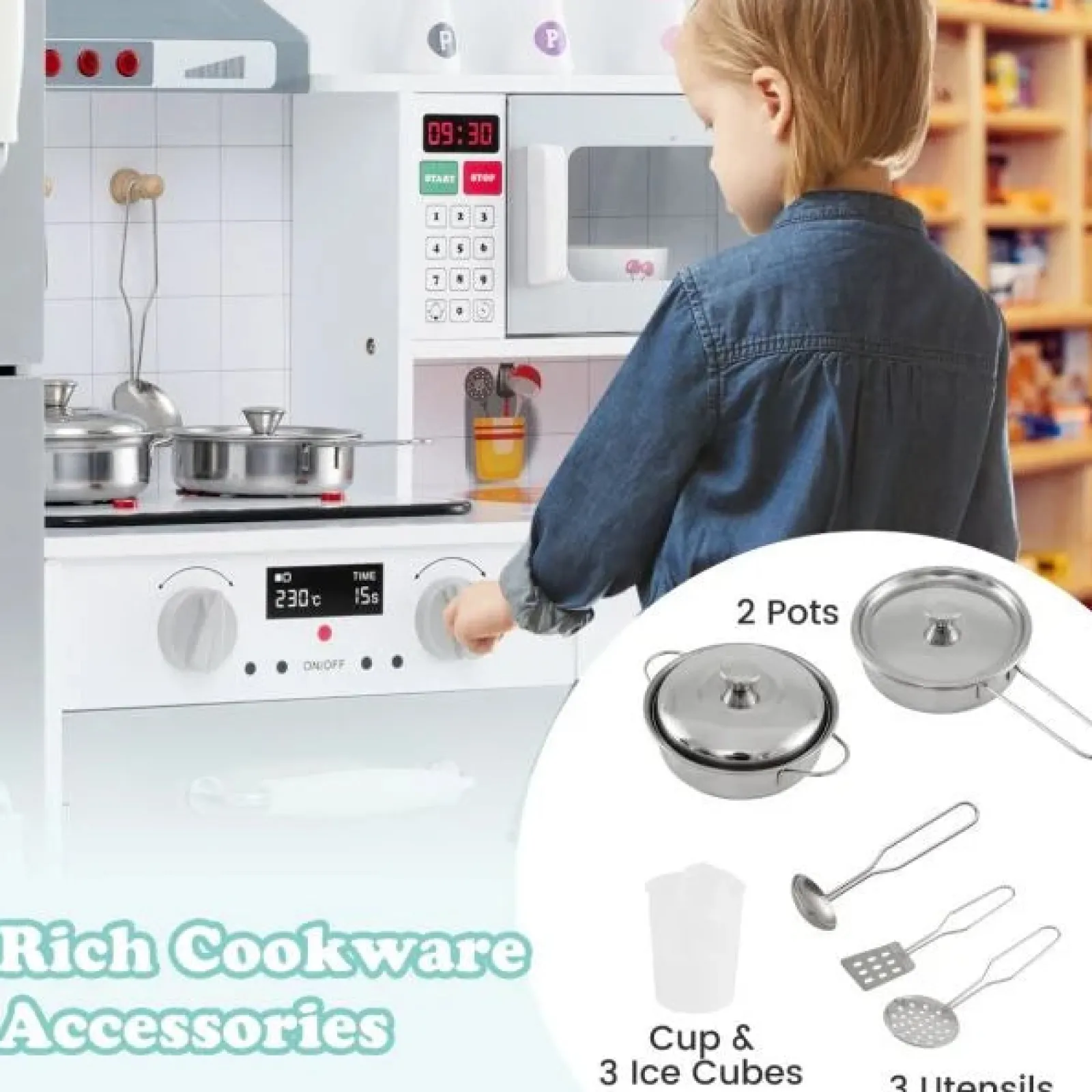 Little Helper Wooden Toys & Educational Toys | Toy Kitchens | Deluxe Montessori Modular Wooden Toy Kitchen | Fridge | Washing Machine | Realistic Lights & Sounds | Accessories