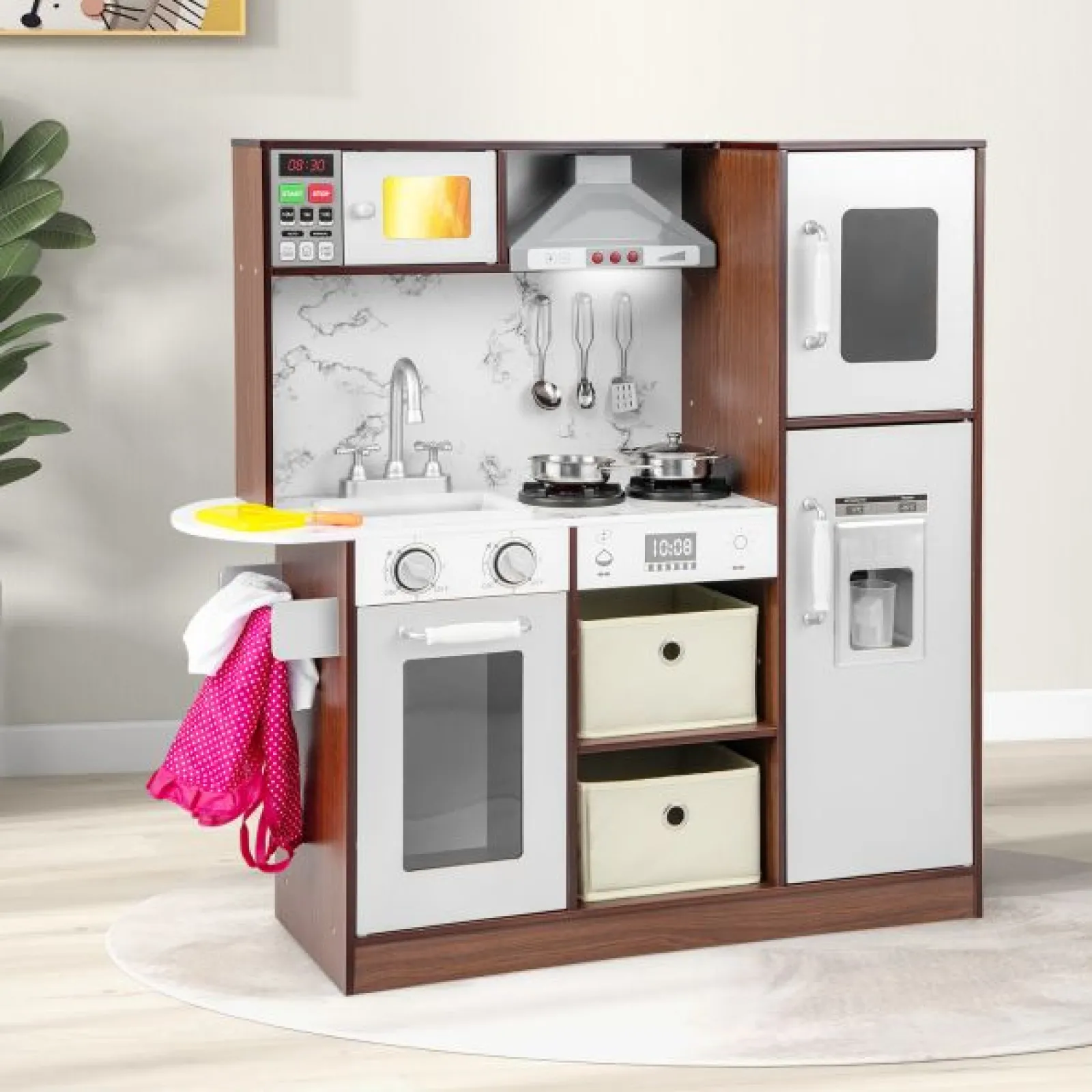 Little Helper Wooden Toys & Educational Toys | Toy Kitchens | Deluxe Montessori Wooden Toy Kitchen | Ice Dispenser | Cooker Hood | Realistic Sounds & Lights