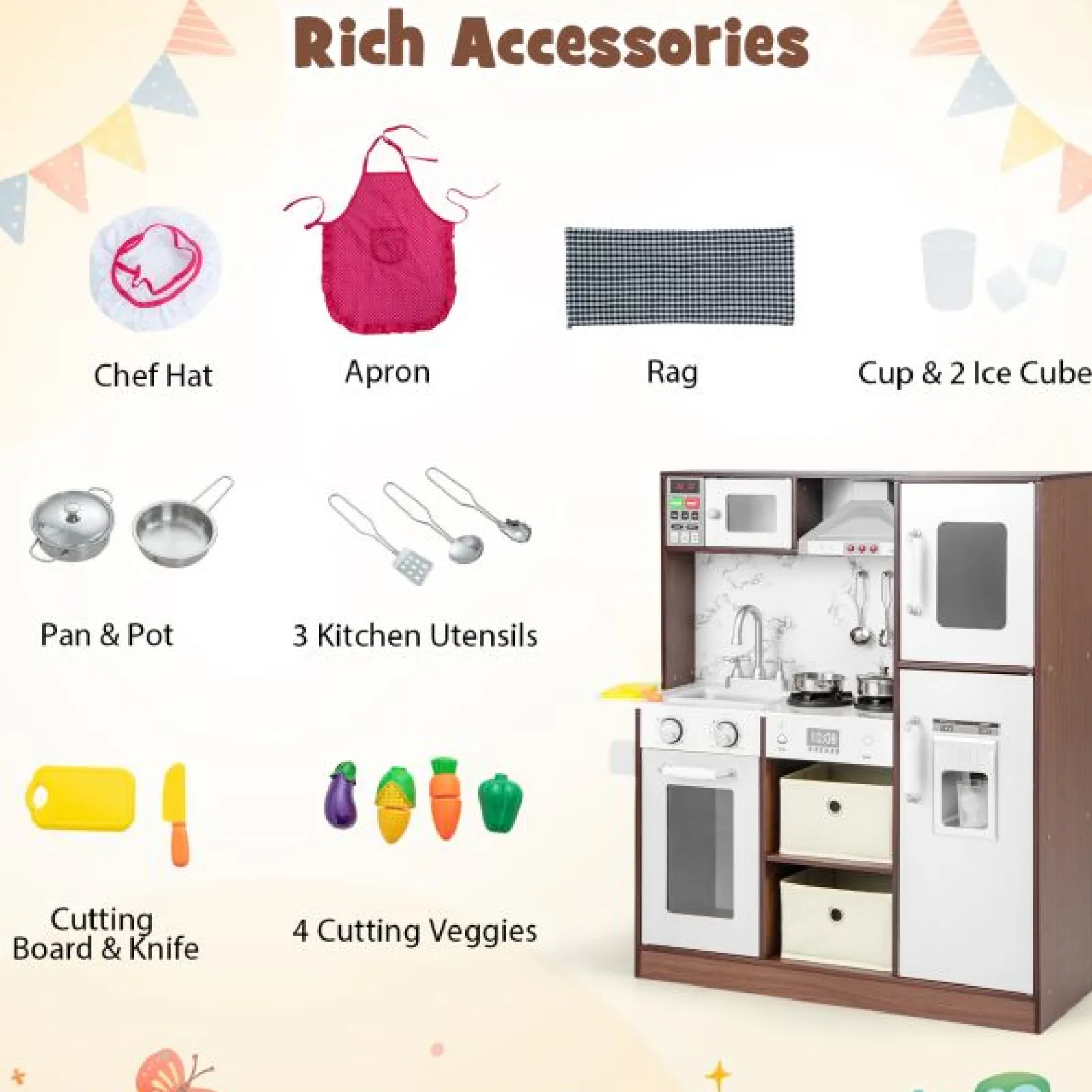 Little Helper Wooden Toys & Educational Toys | Toy Kitchens | Deluxe Montessori Wooden Toy Kitchen | Ice Dispenser | Cooker Hood | Realistic Sounds & Lights
