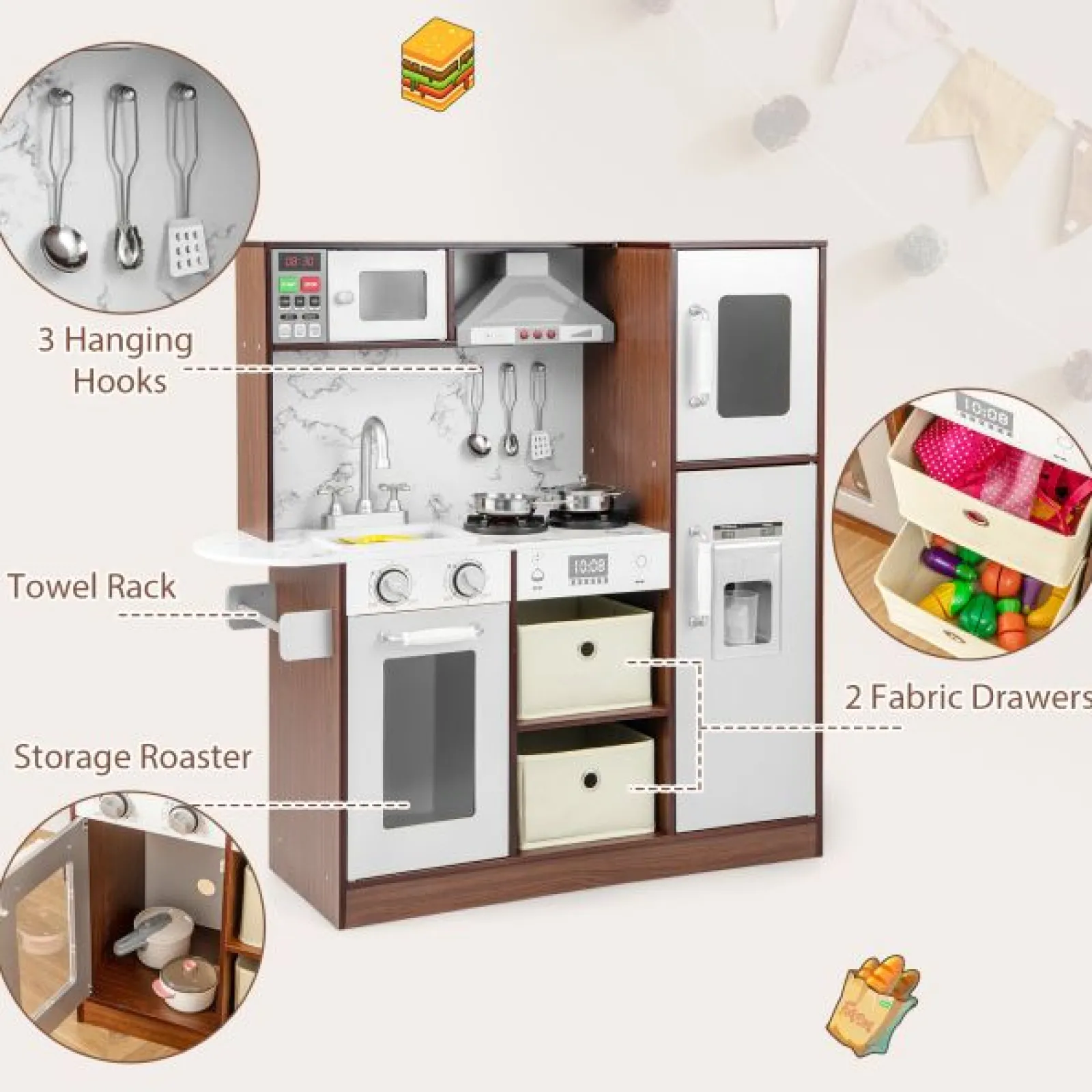 Little Helper Wooden Toys & Educational Toys | Toy Kitchens | Deluxe Montessori Wooden Toy Kitchen | Ice Dispenser | Cooker Hood | Realistic Sounds & Lights