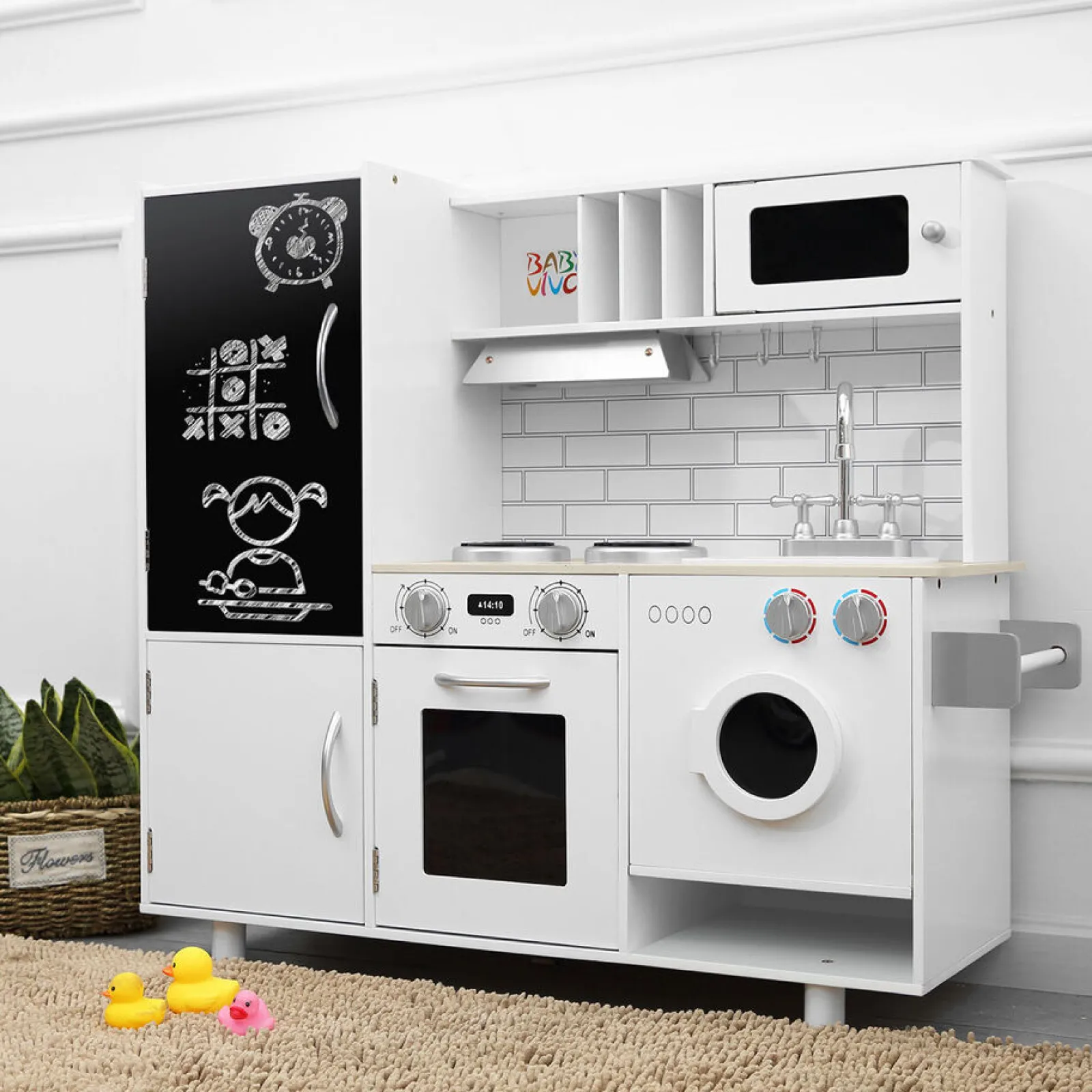 Little Helper Wooden Toys & Educational Toys | Toy Kitchens | Deluxe Montessori Wooden Toy Kitchen | Washing Machine | Microwave | Clock | Blackboard